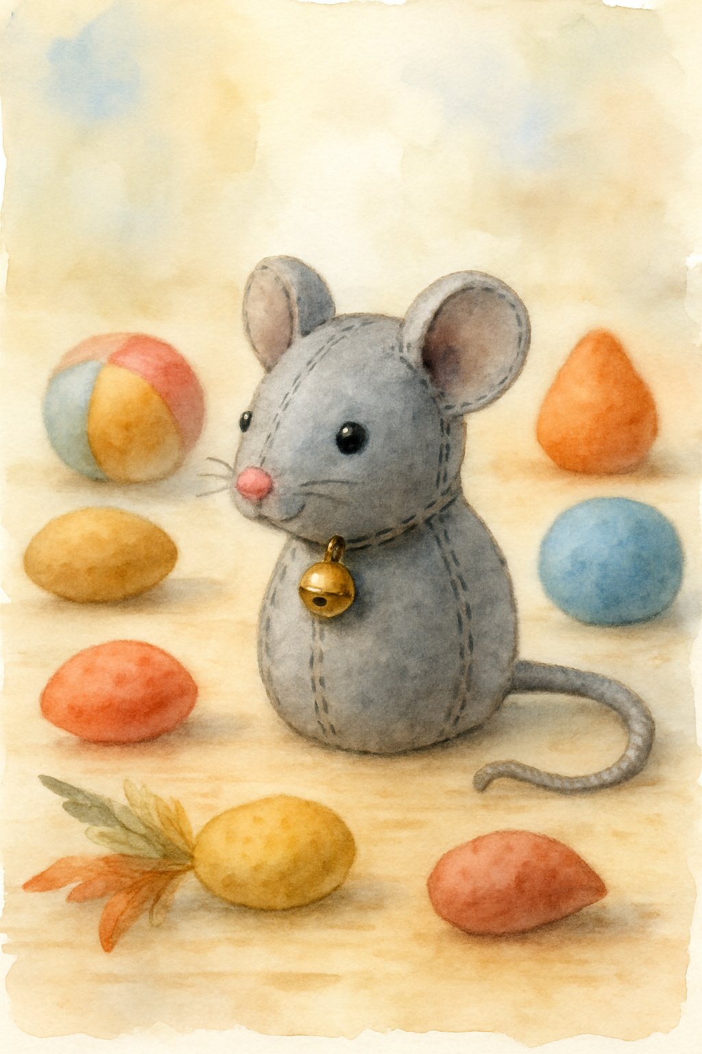 A small felt mouse cat toy with a golden bell, surrounded by other handmade cat toys on a wooden surface.