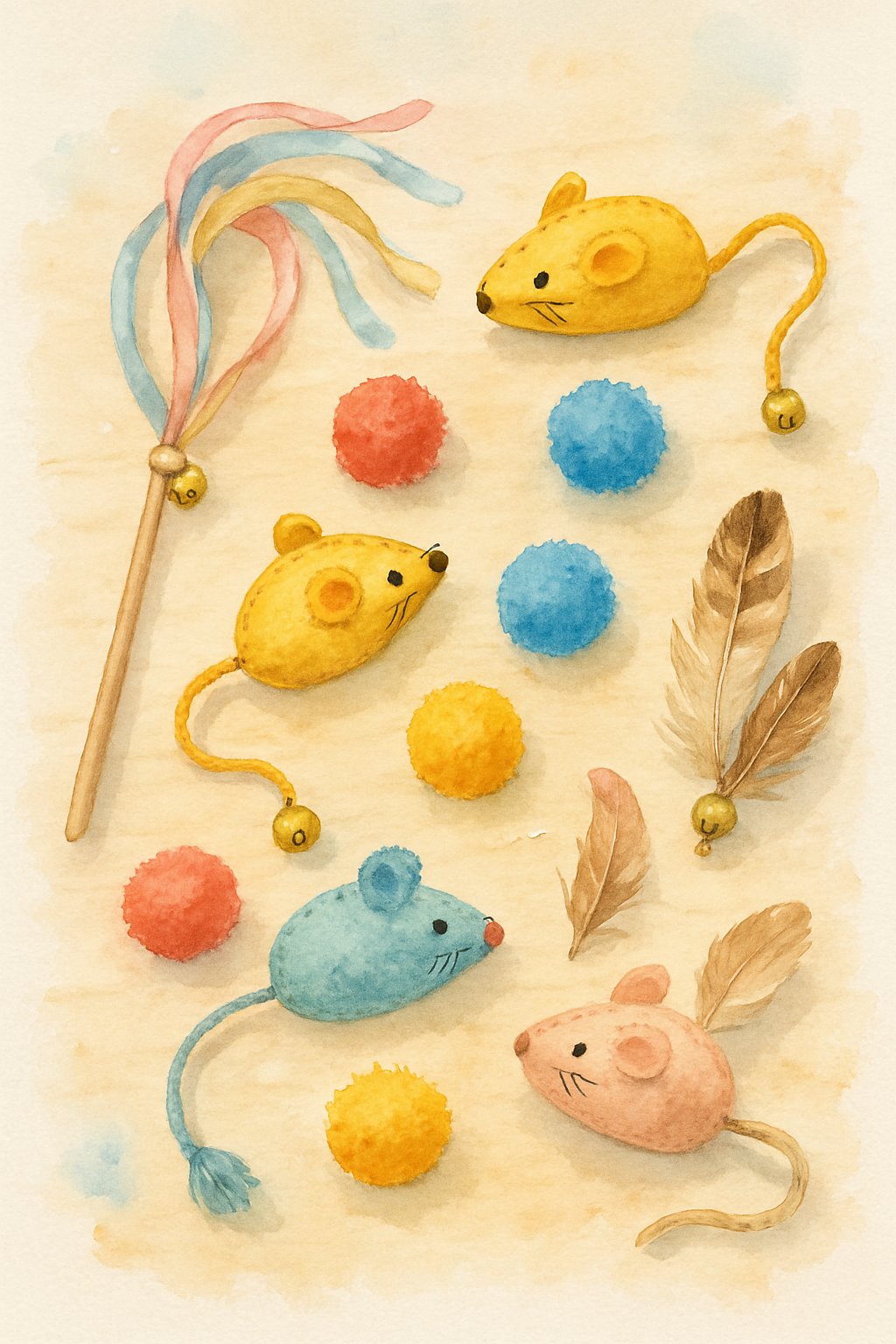 Eight colorful homemade cat toys including ribbon wands, felt mice, pom-poms, and feathered toys arranged on a wooden surface.