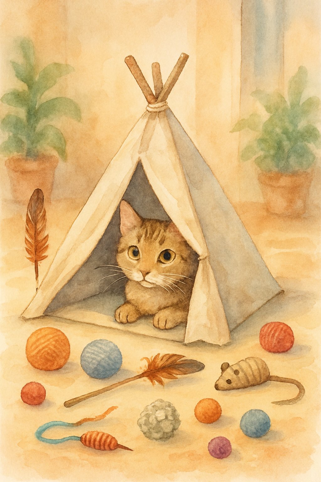 A playful cat peeking out of a small fabric tent surrounded by various homemade cat toys on a wooden floor with plants nearby.