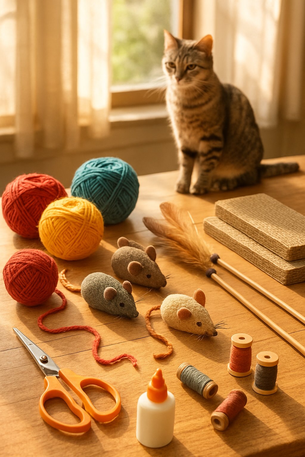A cozy craft table with homemade cat toys and crafting supplies, with a curious cat watching nearby.