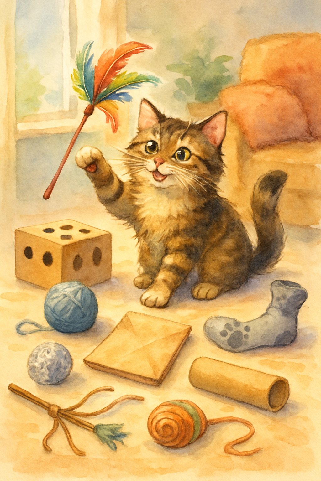 A playful tabby cat surrounded by eight different homemade cat toys in a cozy living room corner.