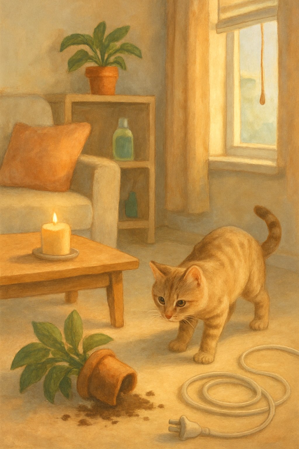 A cat exploring a living room with a tipped-over plant, an open bottle, electrical cords, a slightly open window with a dangling string, and a lit candle nearby.