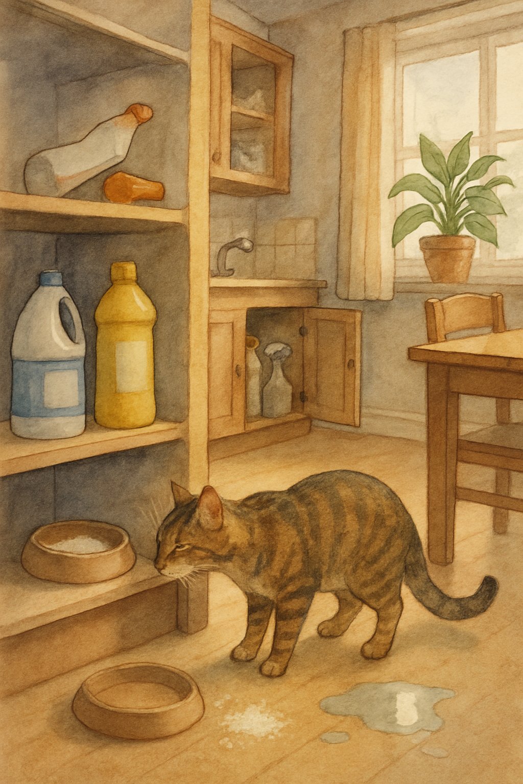 A cat in a home near cleaning products and subtle signs of household dangers like spilled liquid, open cabinets, and toxic plants.