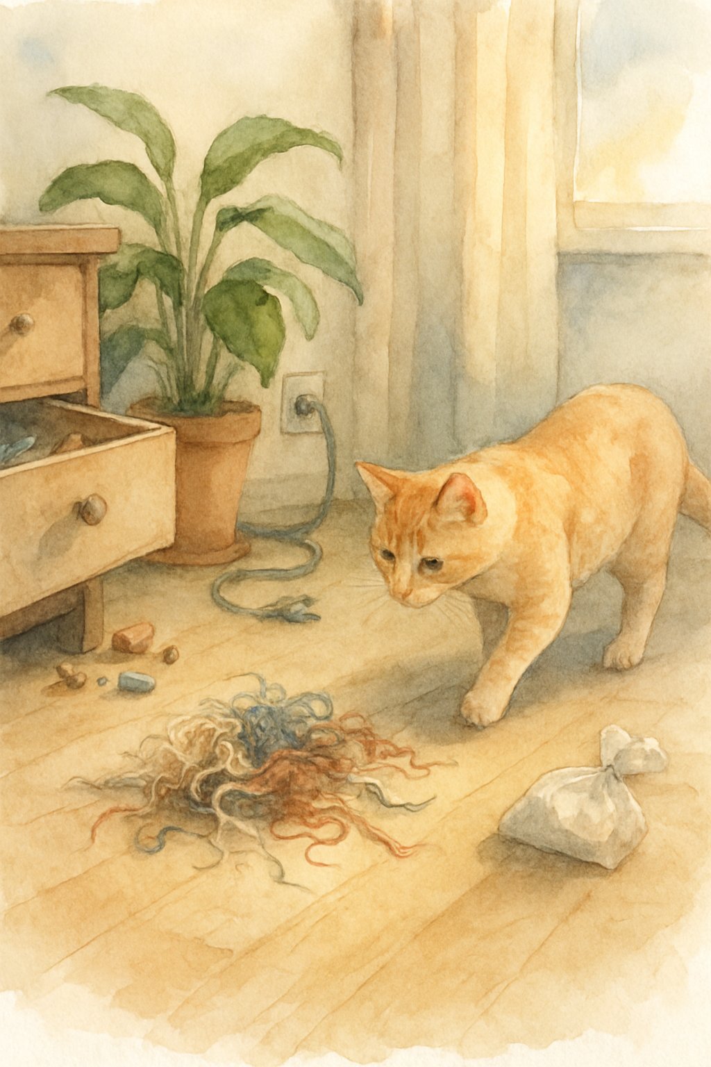 A cat cautiously approaches loose threads and yarns on the floor in a cozy home with various small hazards nearby.