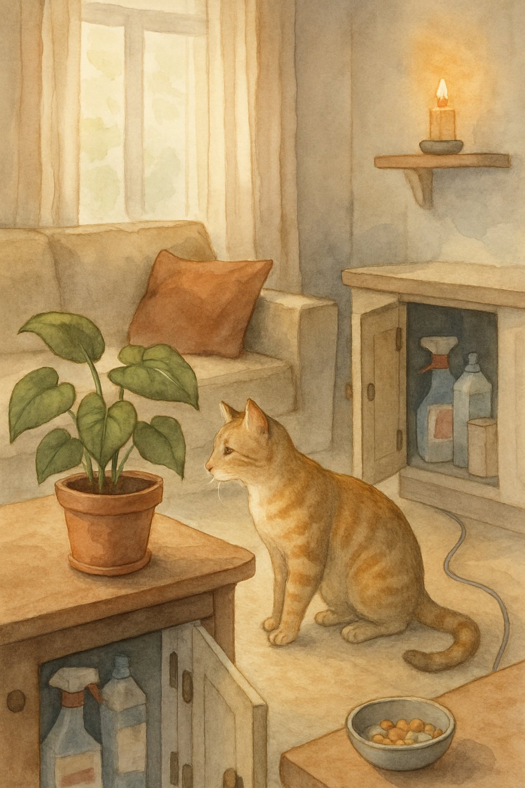 A cat exploring a living room with hidden household hazards like a toxic plant, cleaning supplies, loose electrical cords, medication pills, and a burning candle nearby.