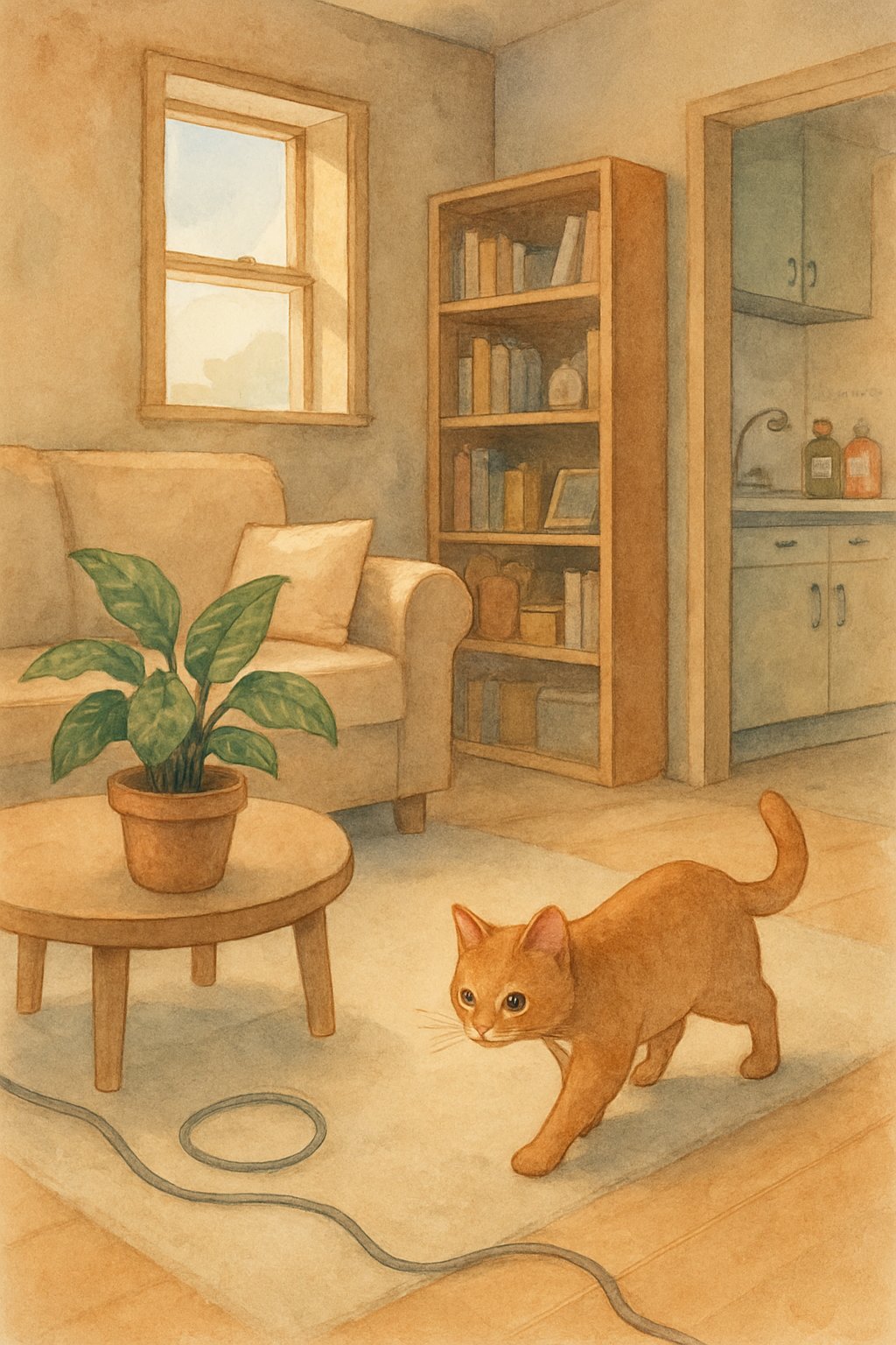 A cat cautiously exploring a living room with houseplants, electrical cords, an open window, a cluttered bookshelf, and accessible cleaning products nearby.