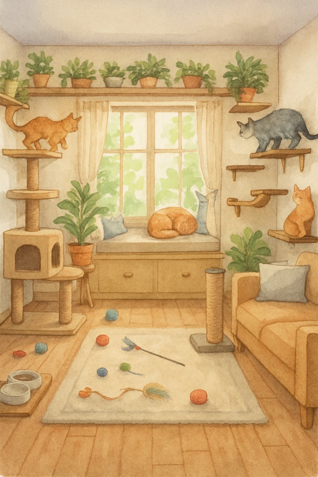 A cozy living room with cats playing on climbing shelves, a window seat, scratching posts, toys, and plants creating a welcoming environment for cats.