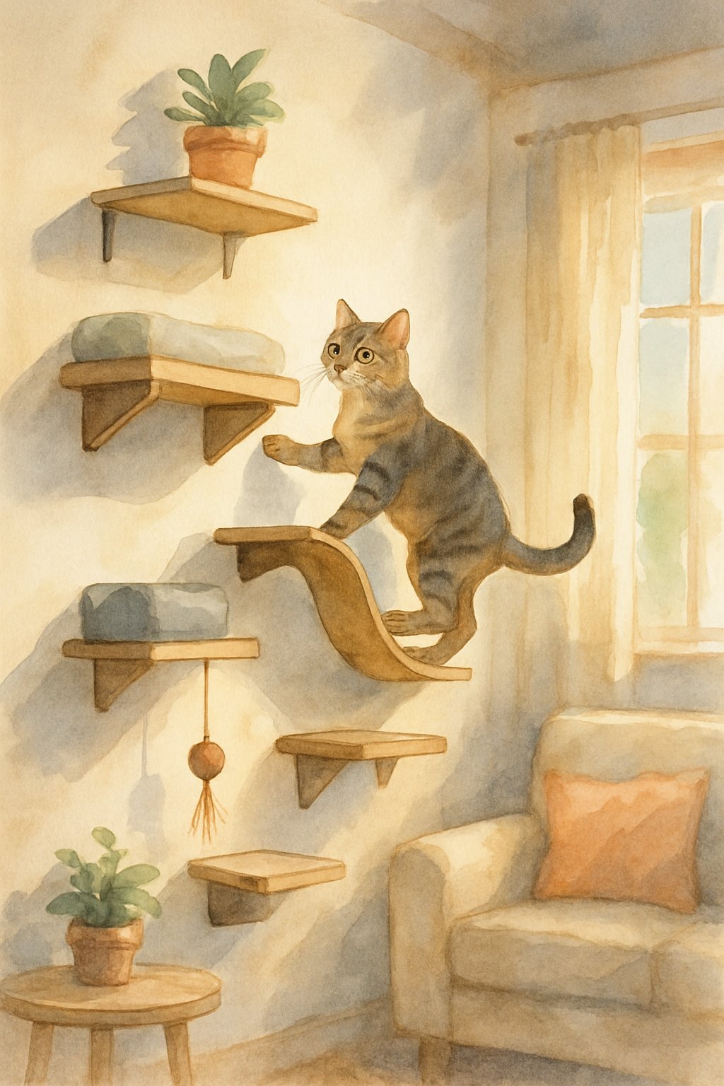 A cat climbing on wall-mounted shelves arranged vertically in a cozy living room.