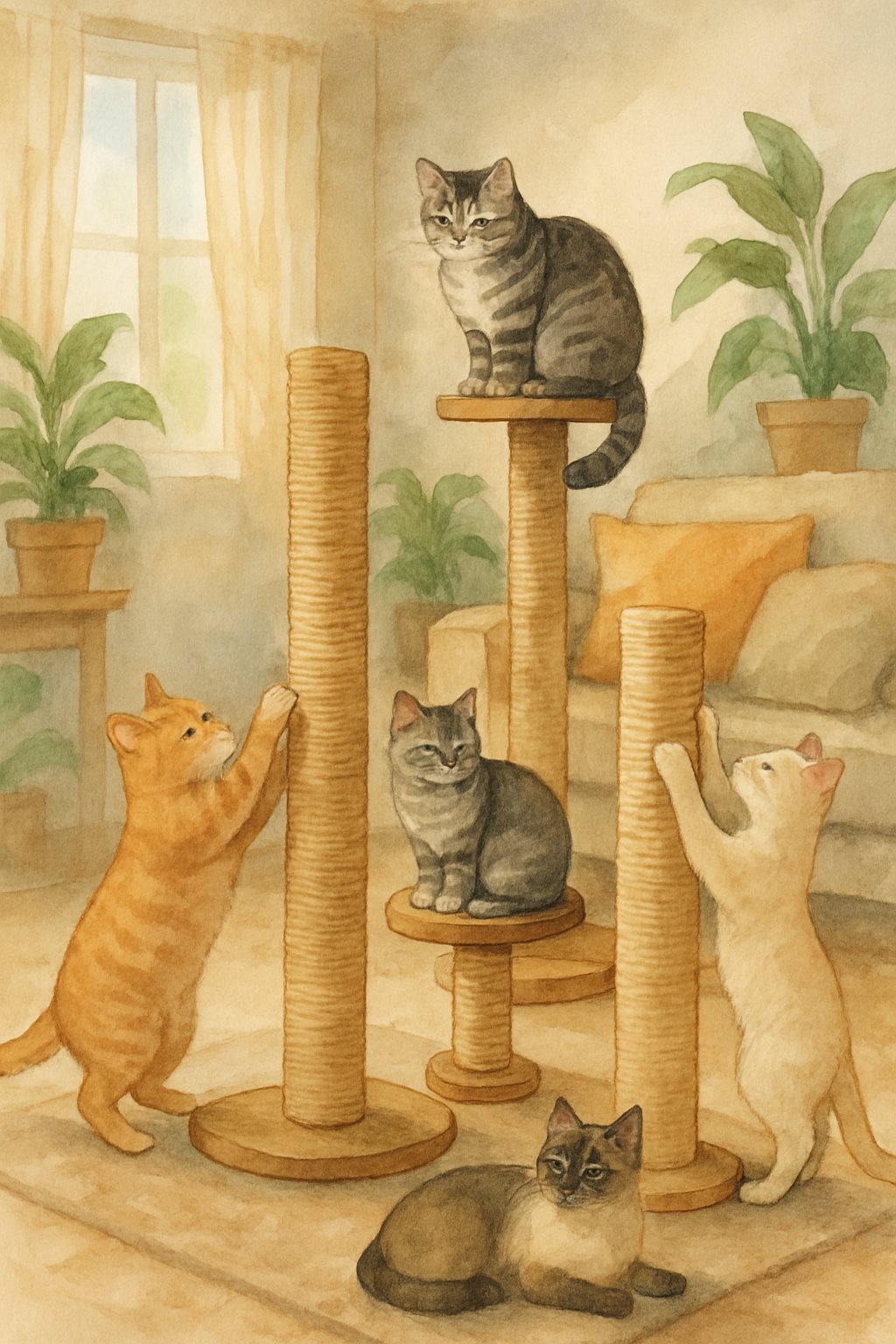 A living room with several sisal rope scratching posts and cats playing and resting around them.