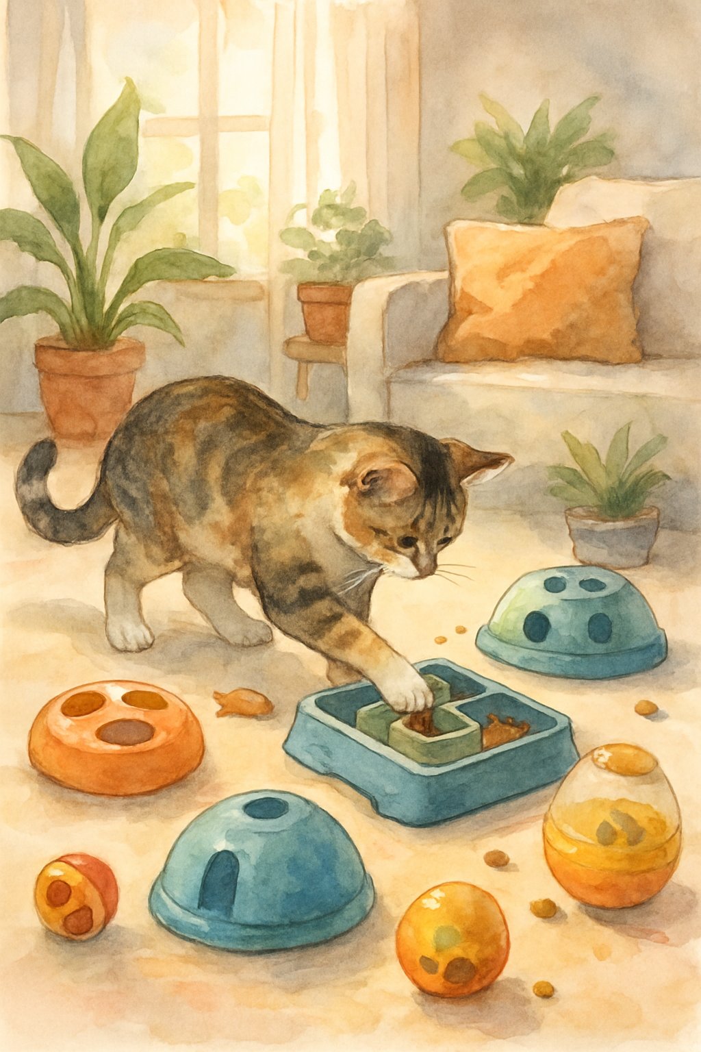 A cat playing with various puzzle feeders and toys in a cozy sunlit room filled with cushions and plants.