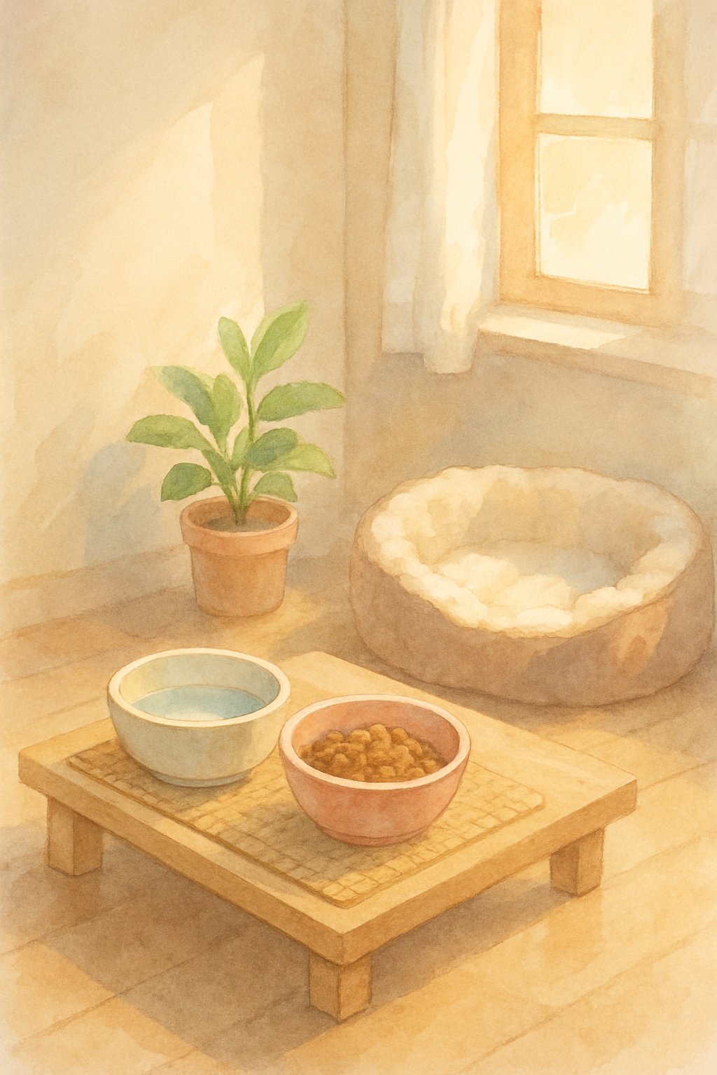 A tidy indoor corner with a wooden table holding cat food and water bowls, a soft cat bed nearby, and a small potted plant, all arranged to create a comfortable feeding area for a cat.
