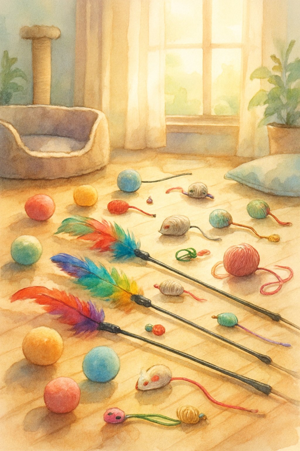 A sunlit room with various colorful cat toys scattered on a wooden floor, including feather wands, plush balls, and string toys, with a cat bed and scratching post near a window.
