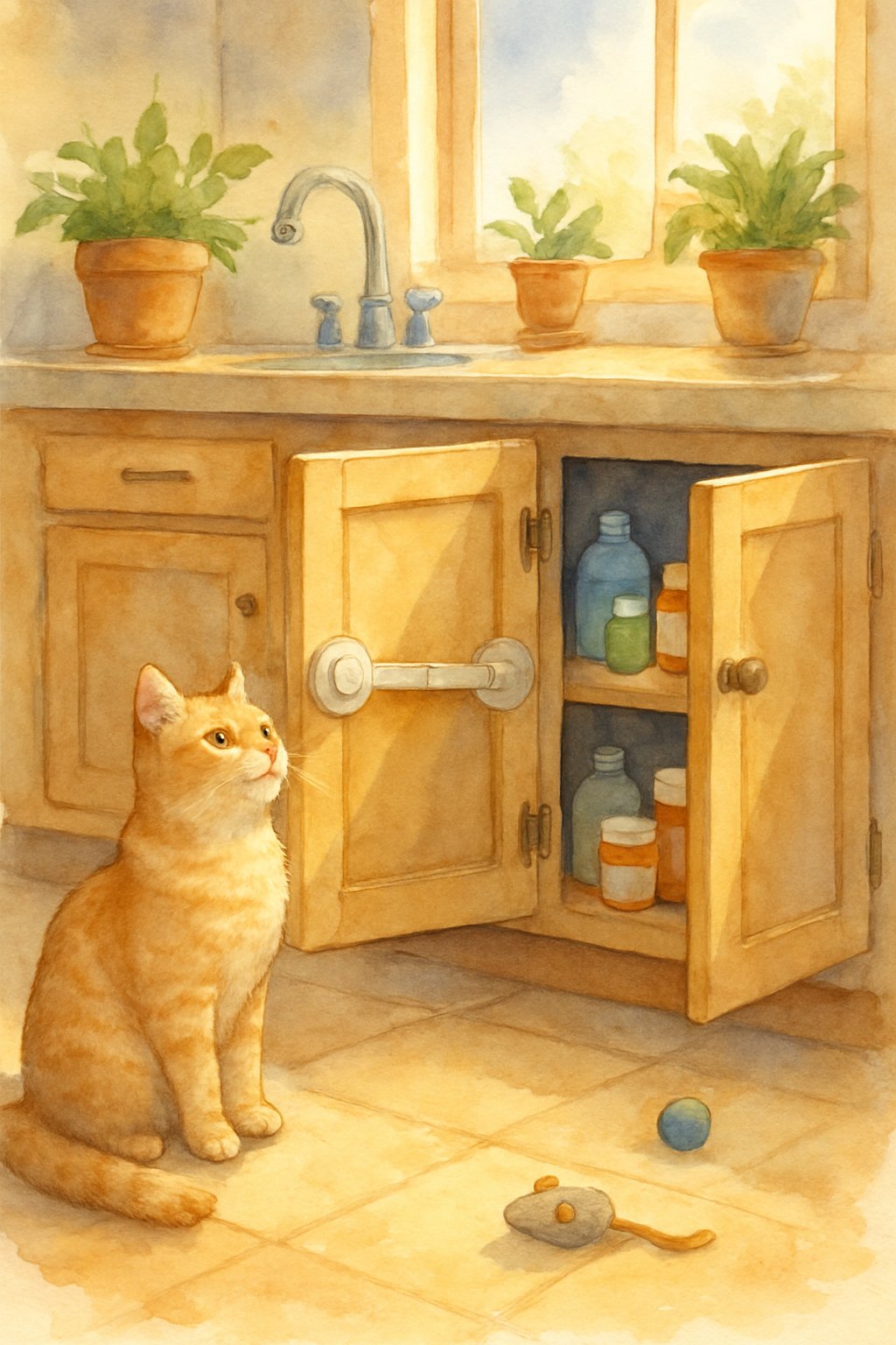 A kitchen with cabinets secured by child-proof locks, a cat sitting nearby, and household items safely stored out of reach.