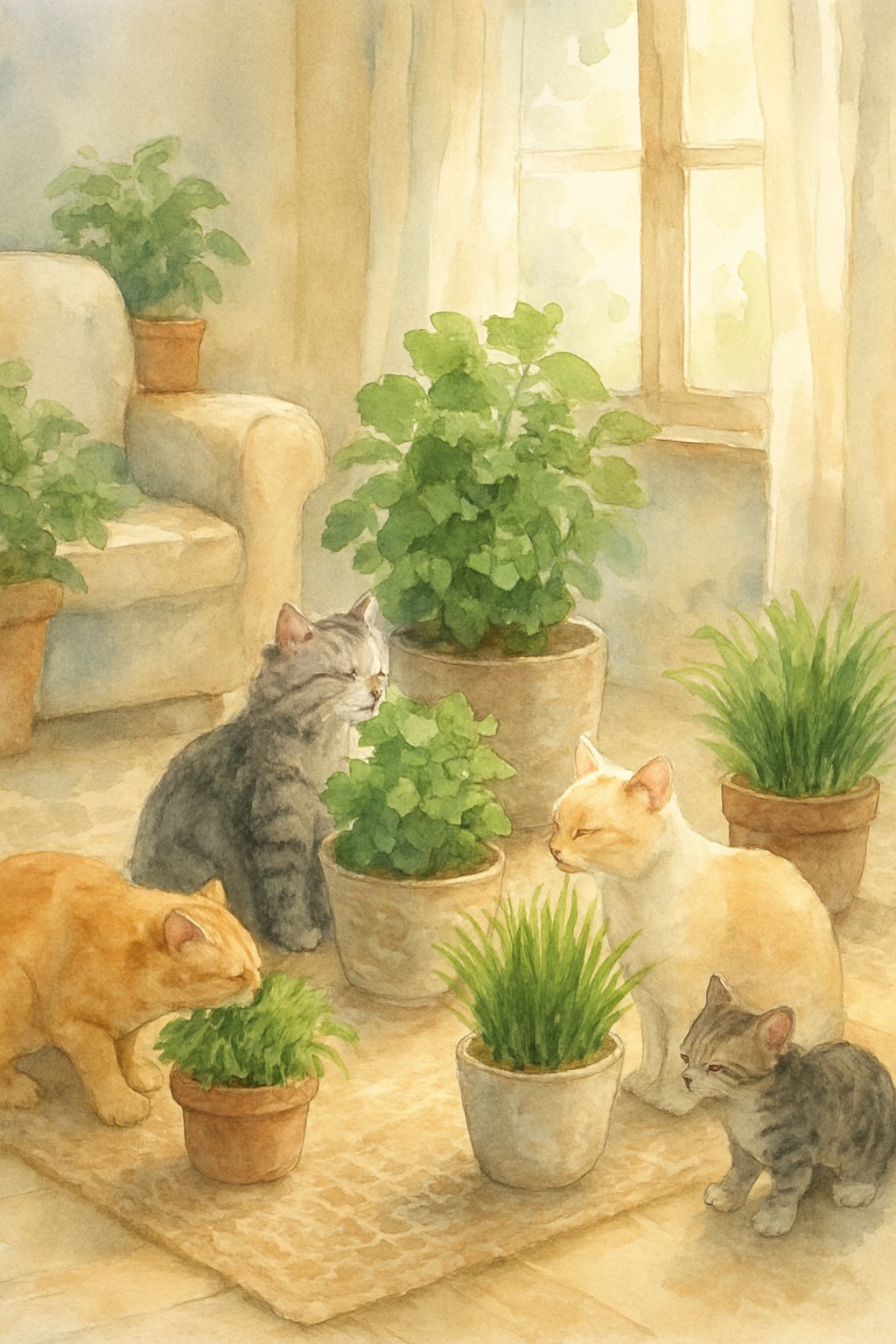 Indoor scene with several cats playing and resting near pots of catnip and cat grass in a cozy, sunlit room.