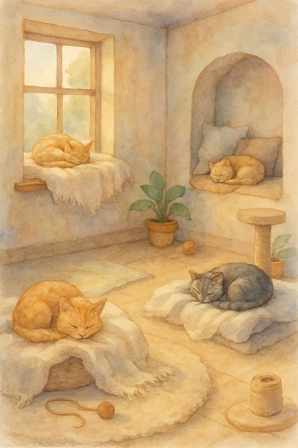 A cozy room with soft blankets and cushions arranged in quiet corners, creating inviting napping spots for cats.