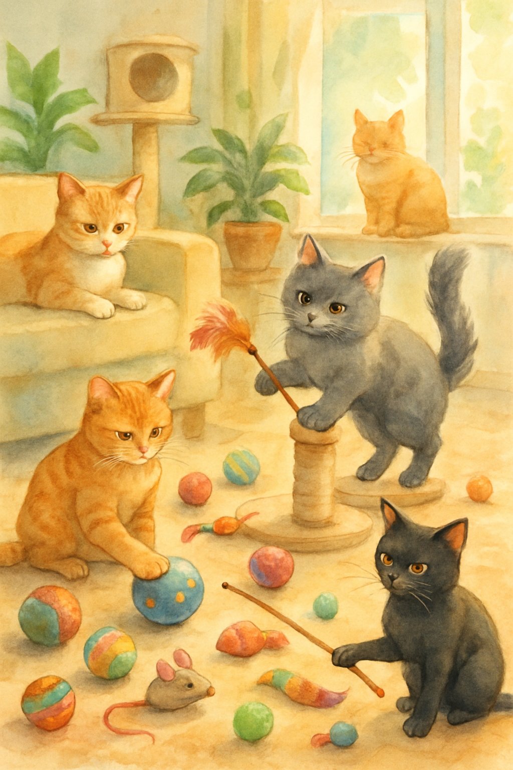A living room with several cats playing with various toys like balls and feather wands, surrounded by cushions, a cat tree, and houseplants.