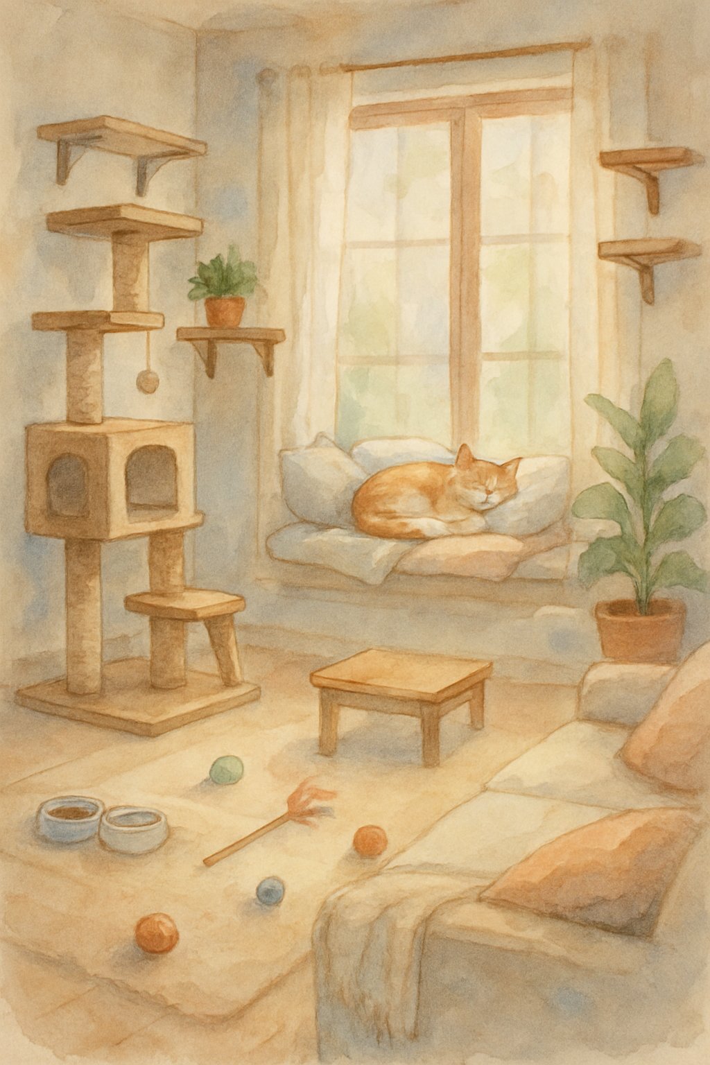A cozy living room with a cat sleeping on a windowsill, cat trees and toys around, and sunlight coming through the window.