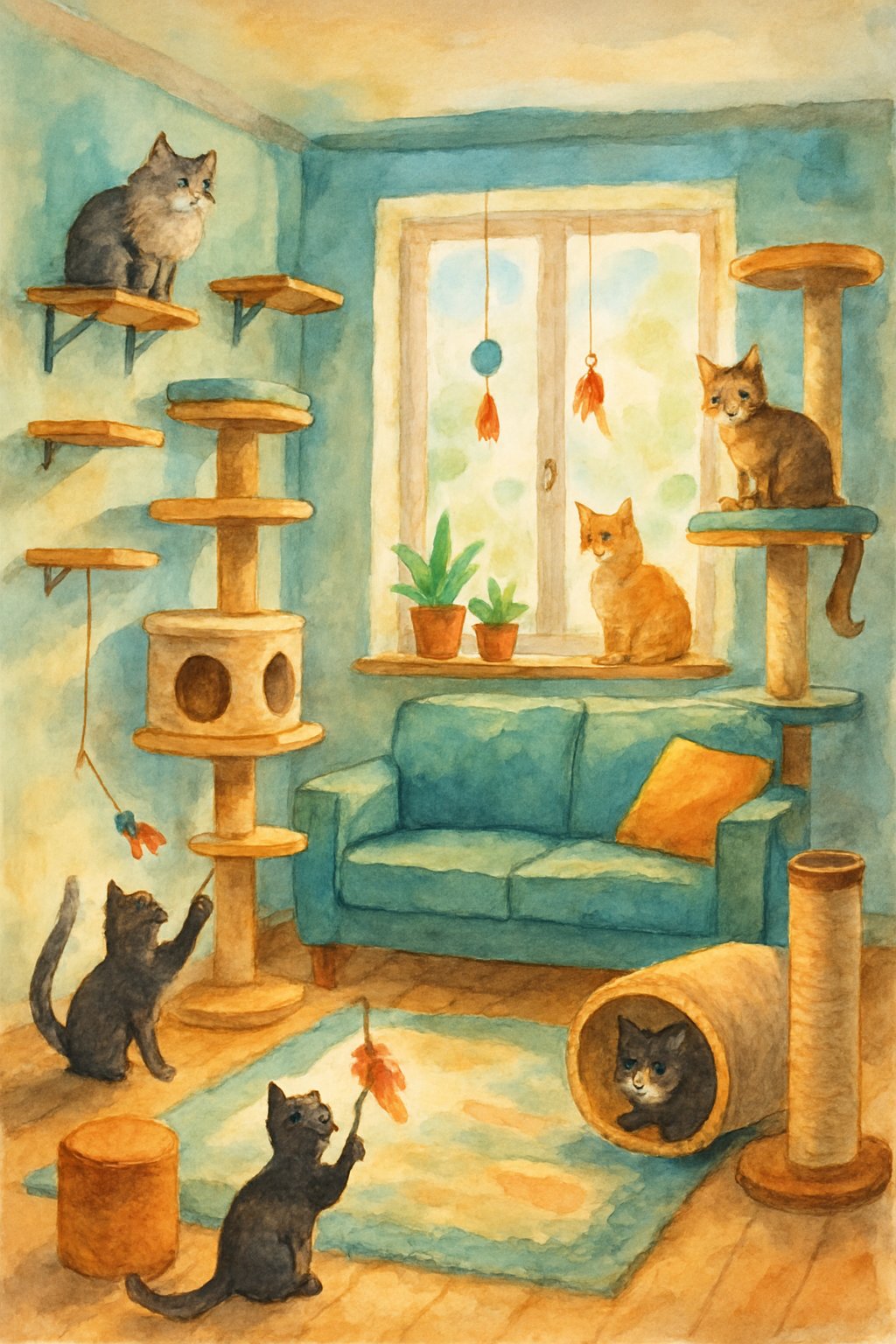 A living room with cats playing and resting on cat trees, shelves, and cozy spots surrounded by toys, plants, and sunlight.