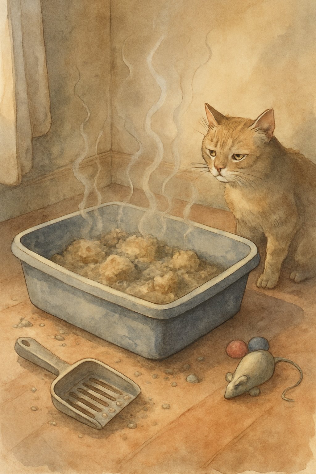 A cat looks at a dirty litter box filled with clumpy litter and scattered debris in a cozy room corner.