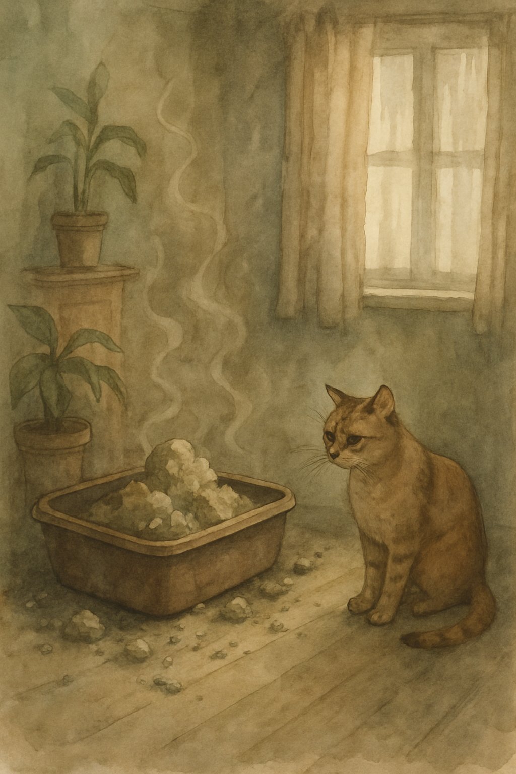 A small home interior with an overflowing cat litter box in the corner, a cat looking uncomfortable nearby, and a hazy atmosphere suggesting unpleasant odors.