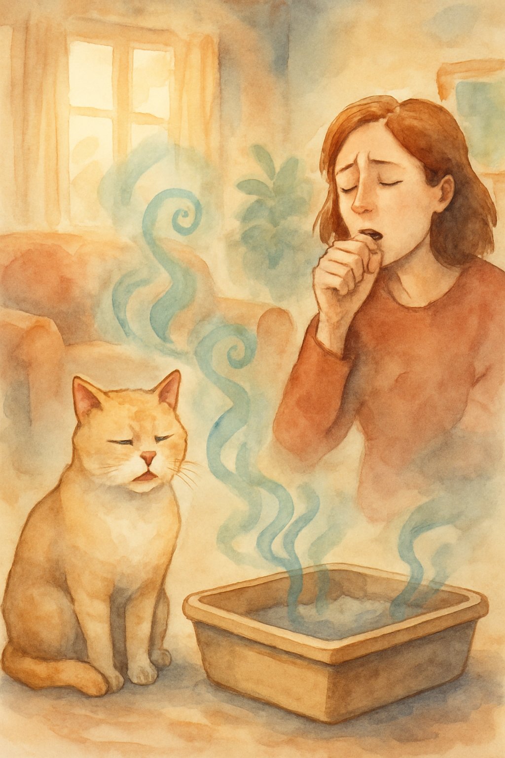 A cat near a litter box with faint gas rising, and a nearby person coughing, both showing discomfort indoors.