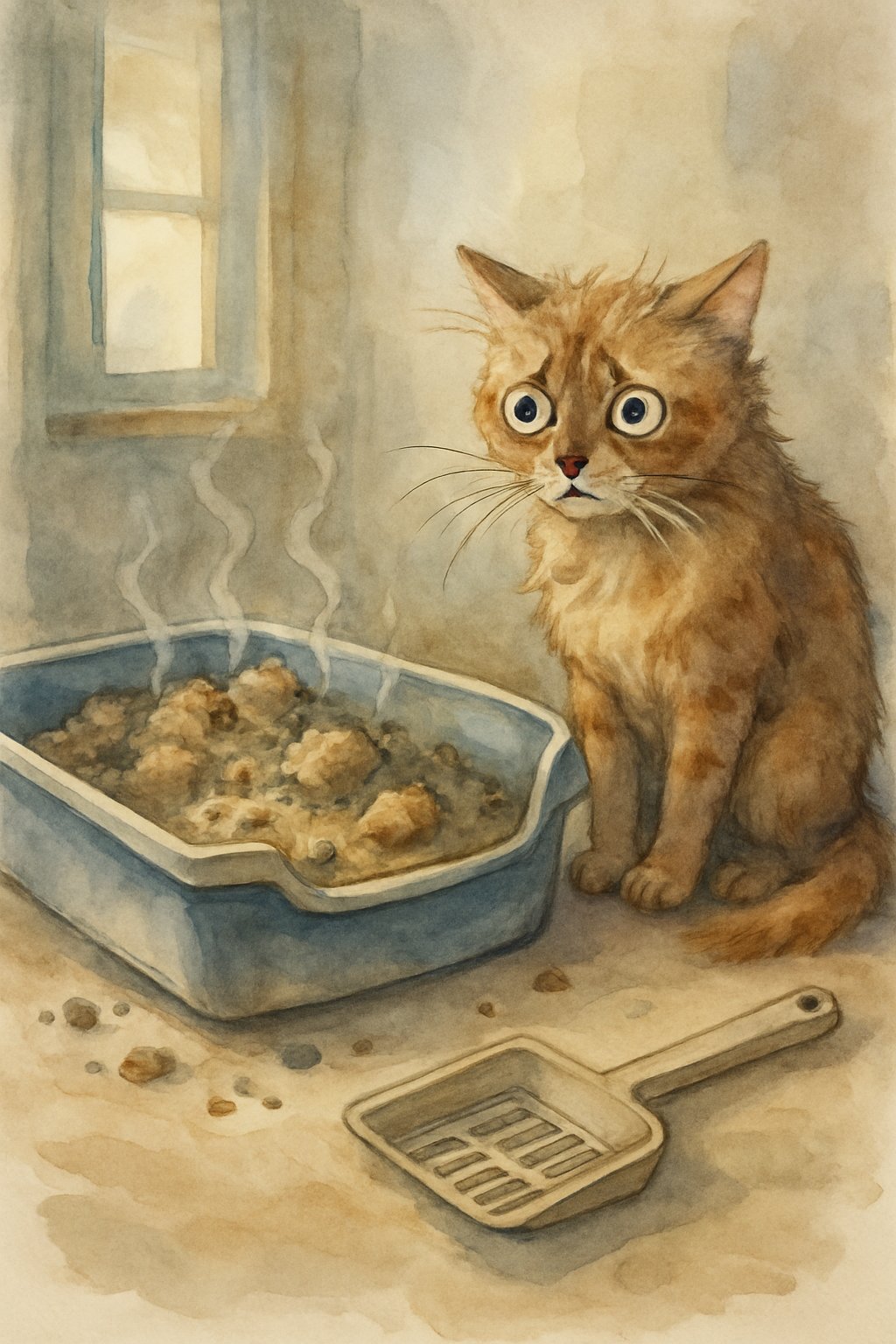 A worried cat sits beside a very dirty, overflowing litter box inside a home.