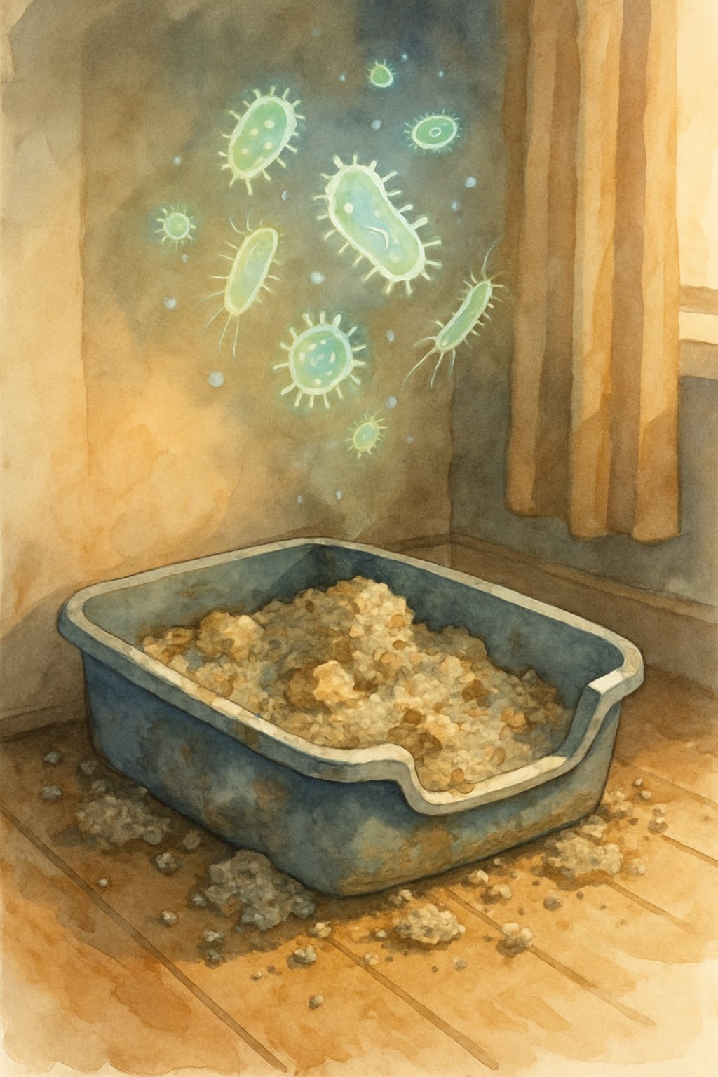 A cat litter box in a home corner with dirty, clumped litter and scattered debris around it, with faint representations of bacteria floating above.