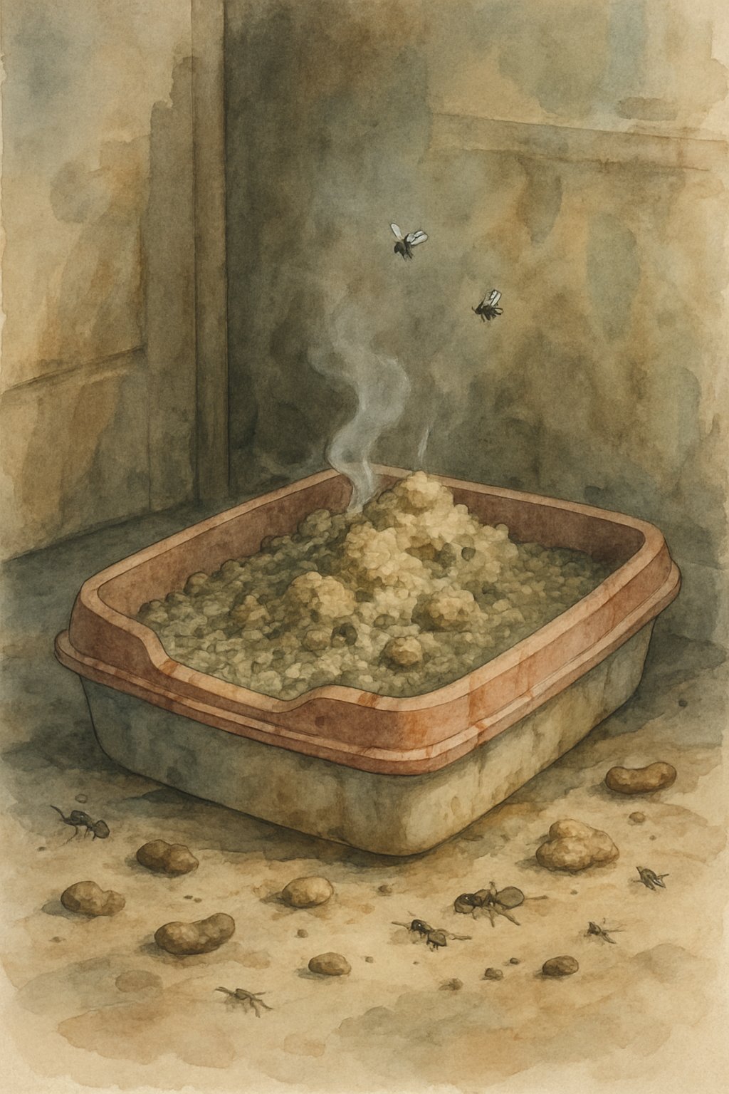A messy, overflowing litter box with flies and ants around it in a dimly lit room.