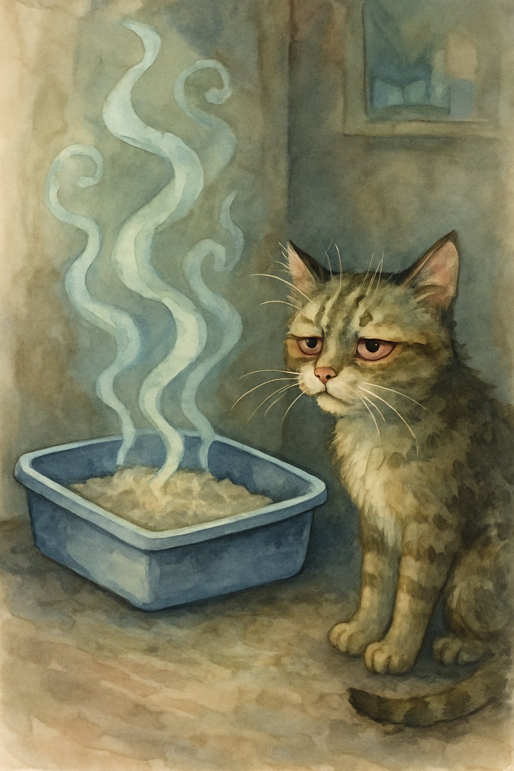 A cat near a neglected litter box with visible fumes rising, showing signs of irritation.