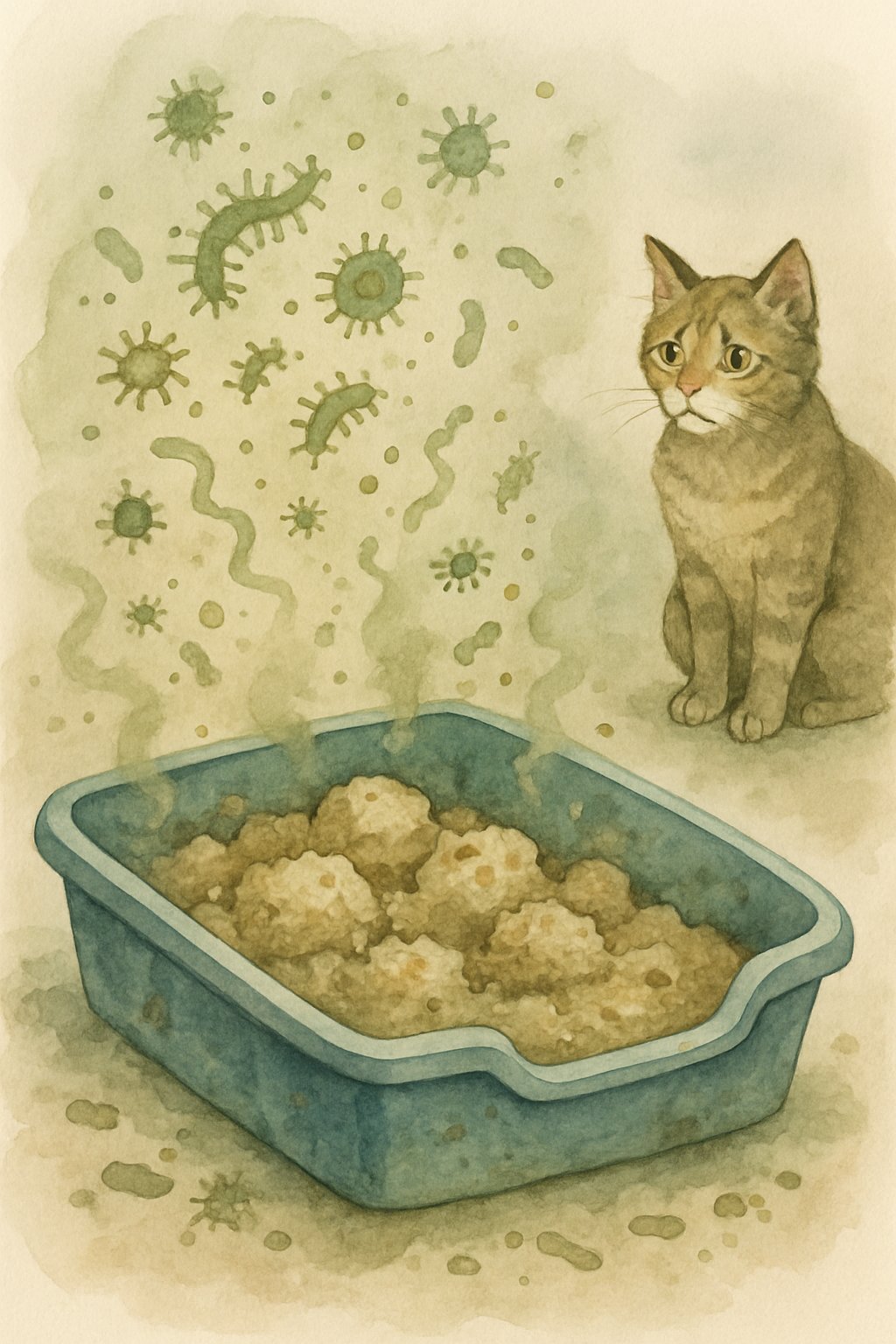A cat sitting near a dirty litter box with waste buildup and small germs floating around it.