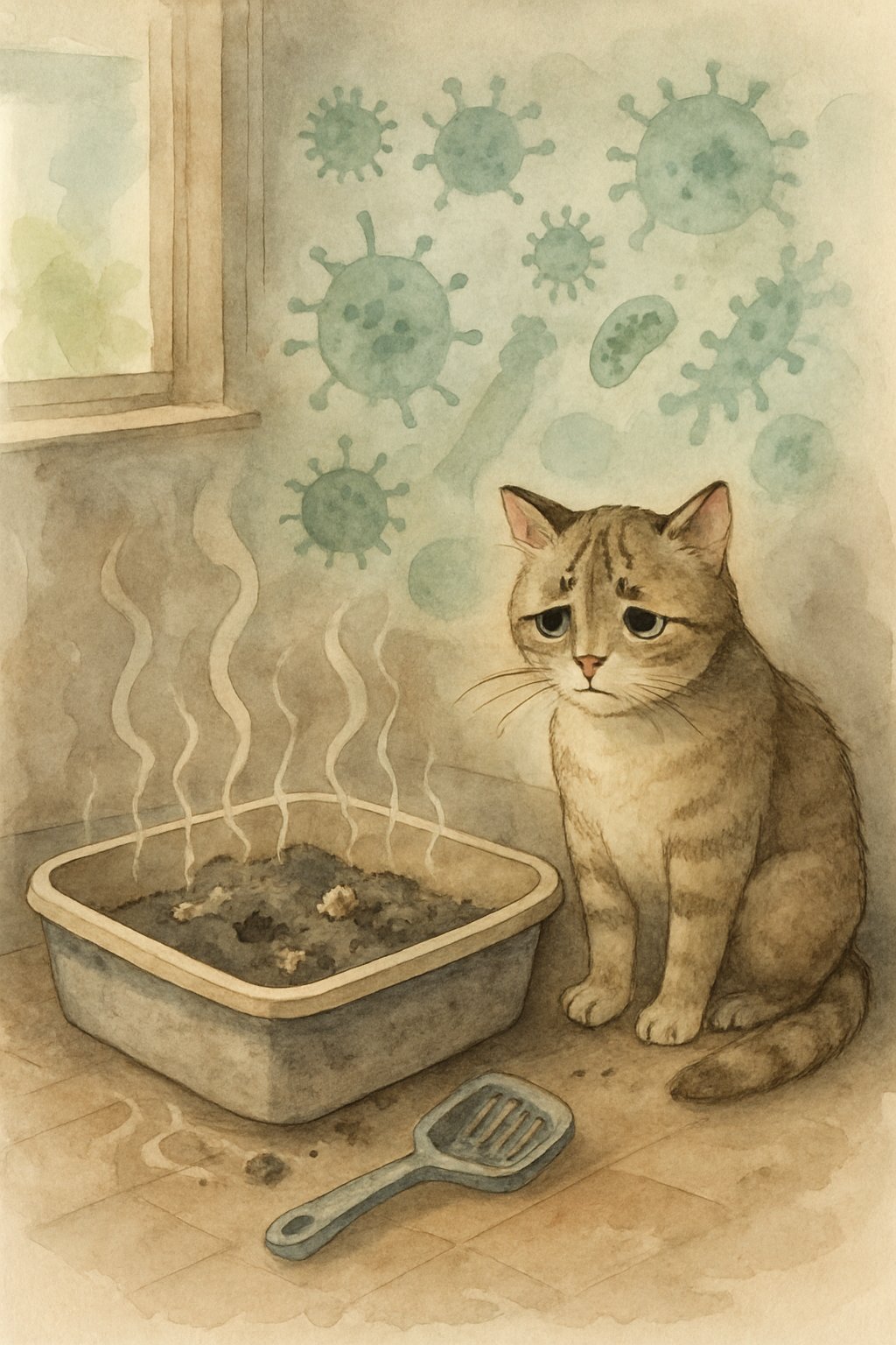A cat sitting beside a dirty litter box with scattered litter and waste inside a cozy indoor corner, with faint abstract shapes representing germs nearby.