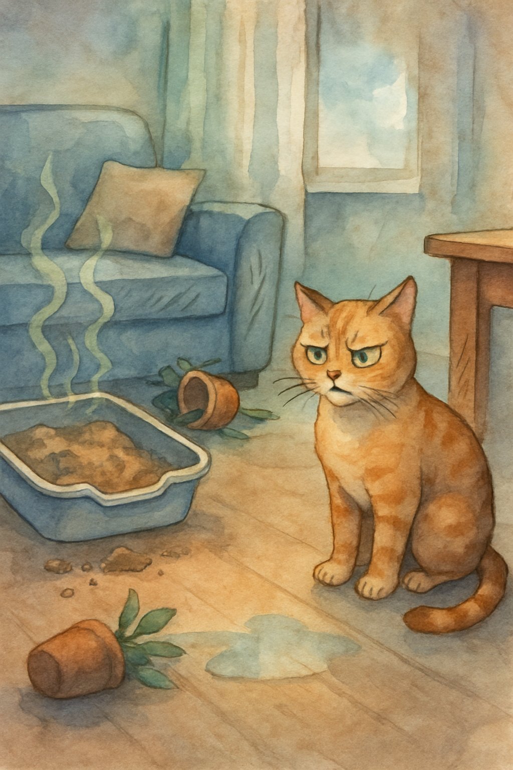 A cat in a living room looking restless and uncomfortable near a messy litter box with scattered clumps and a small puddle on the floor, indicating distress.