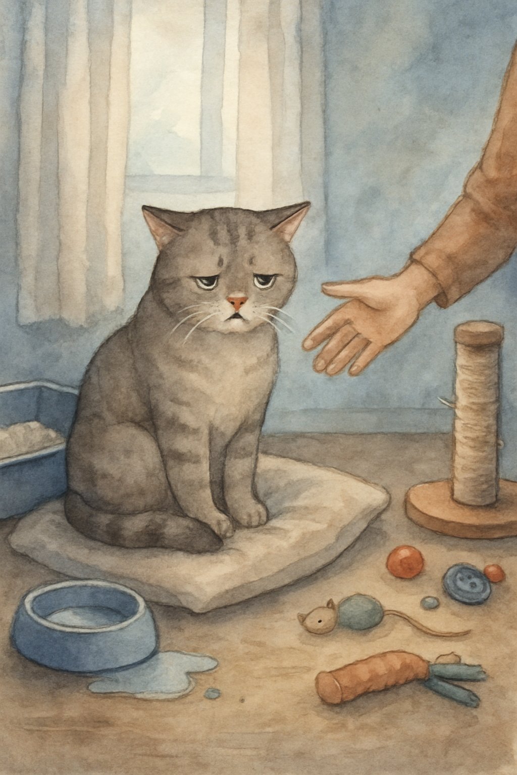 A cat sitting quietly on a cushion near a window with a person gently reaching out to comfort it, surrounded by a litter box, water bowl, toys, and a scratching post.