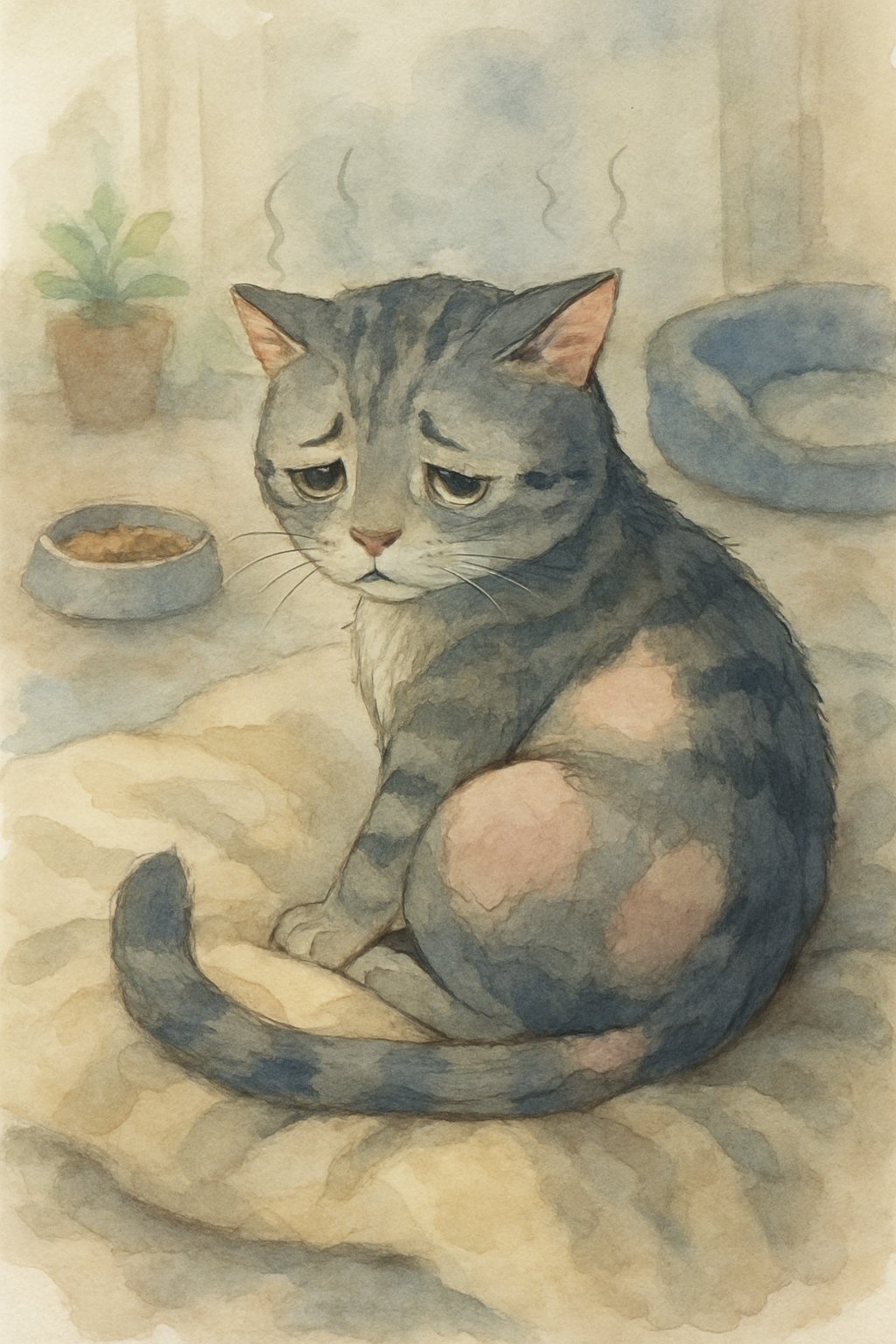 A sad cat with bald patches sits curled up on a blanket in a cozy room, showing signs of stress and unhappiness.