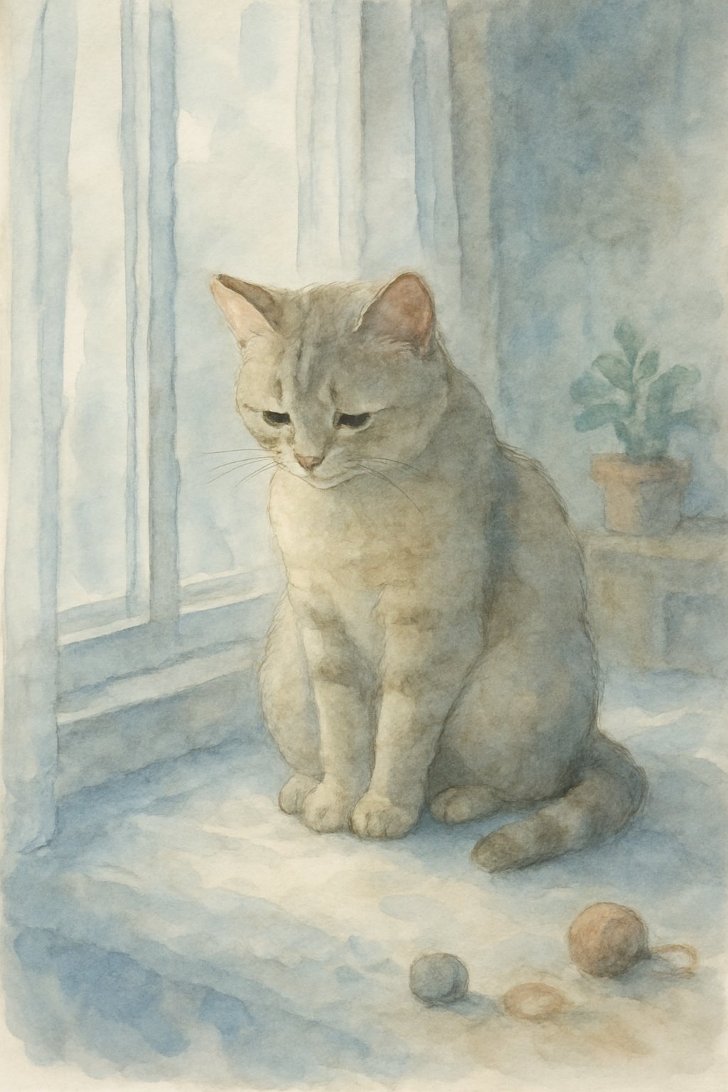 A cat sitting quietly on a windowsill in a cozy room, looking calm but slightly withdrawn.