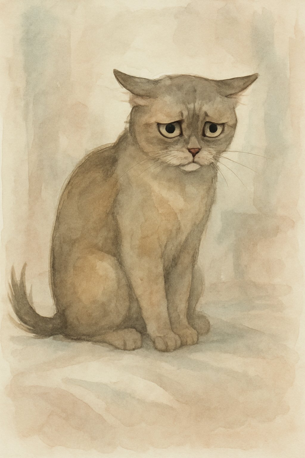 A cat sitting with its tail flicking and ears flattened, showing signs of distress.