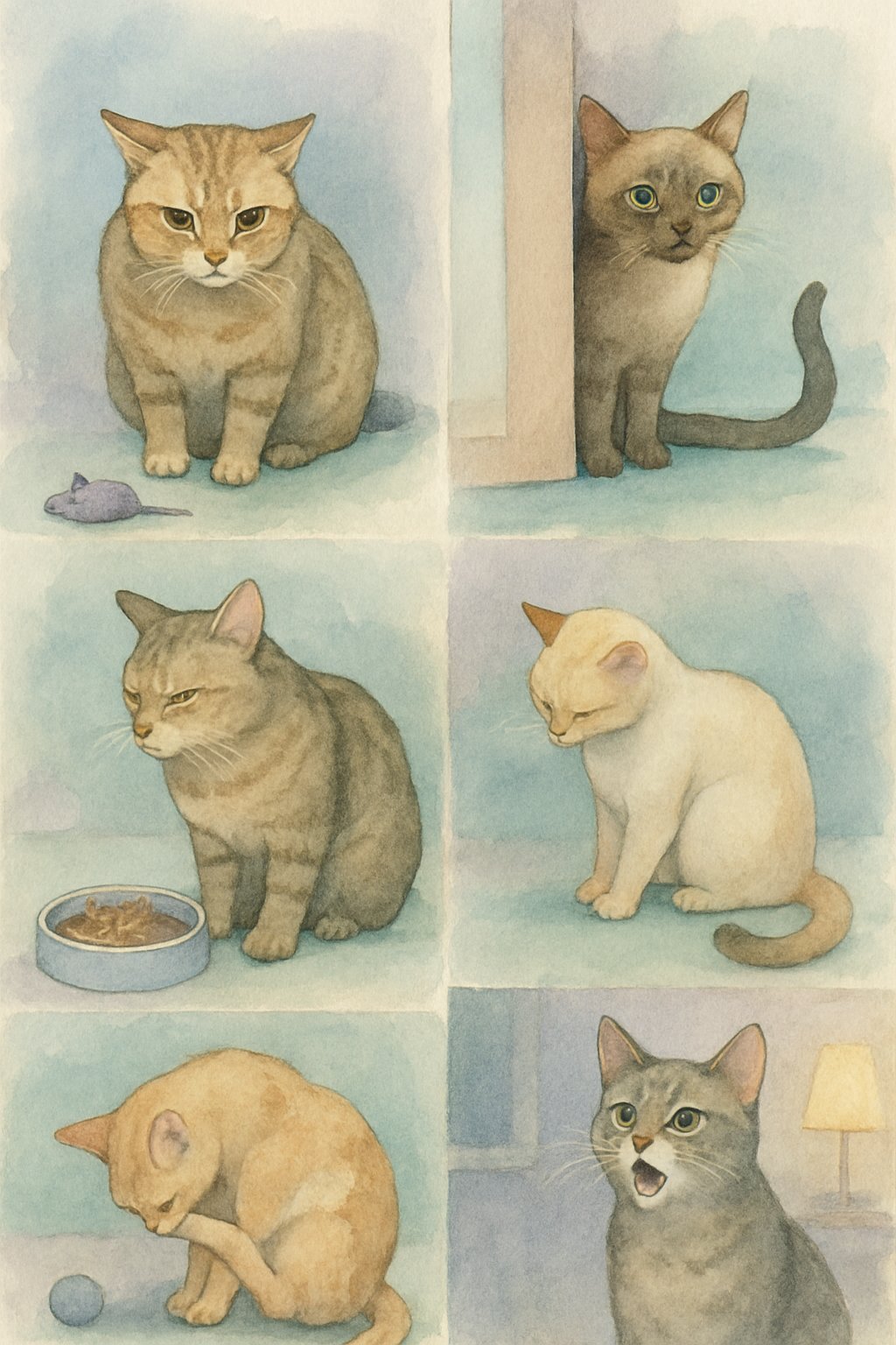 Six cats showing different signs of unhappiness, including hiding, tense posture, tail twitching, refusing food, over-grooming, and plaintive meowing, set in a soft, calm indoor environment.