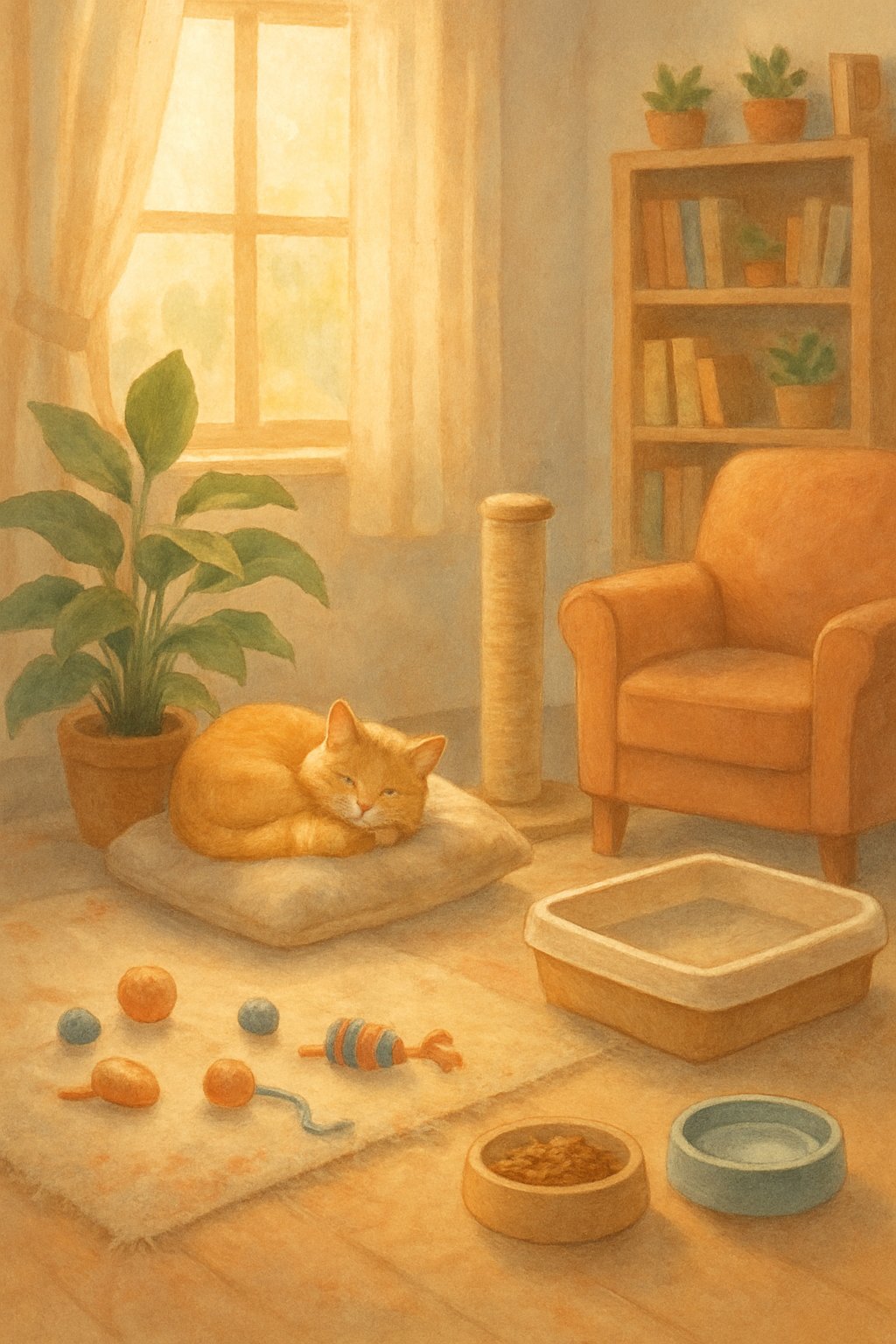 A cozy living room with a peaceful cat resting on a cushion surrounded by cat toys, plants, and pet care items.