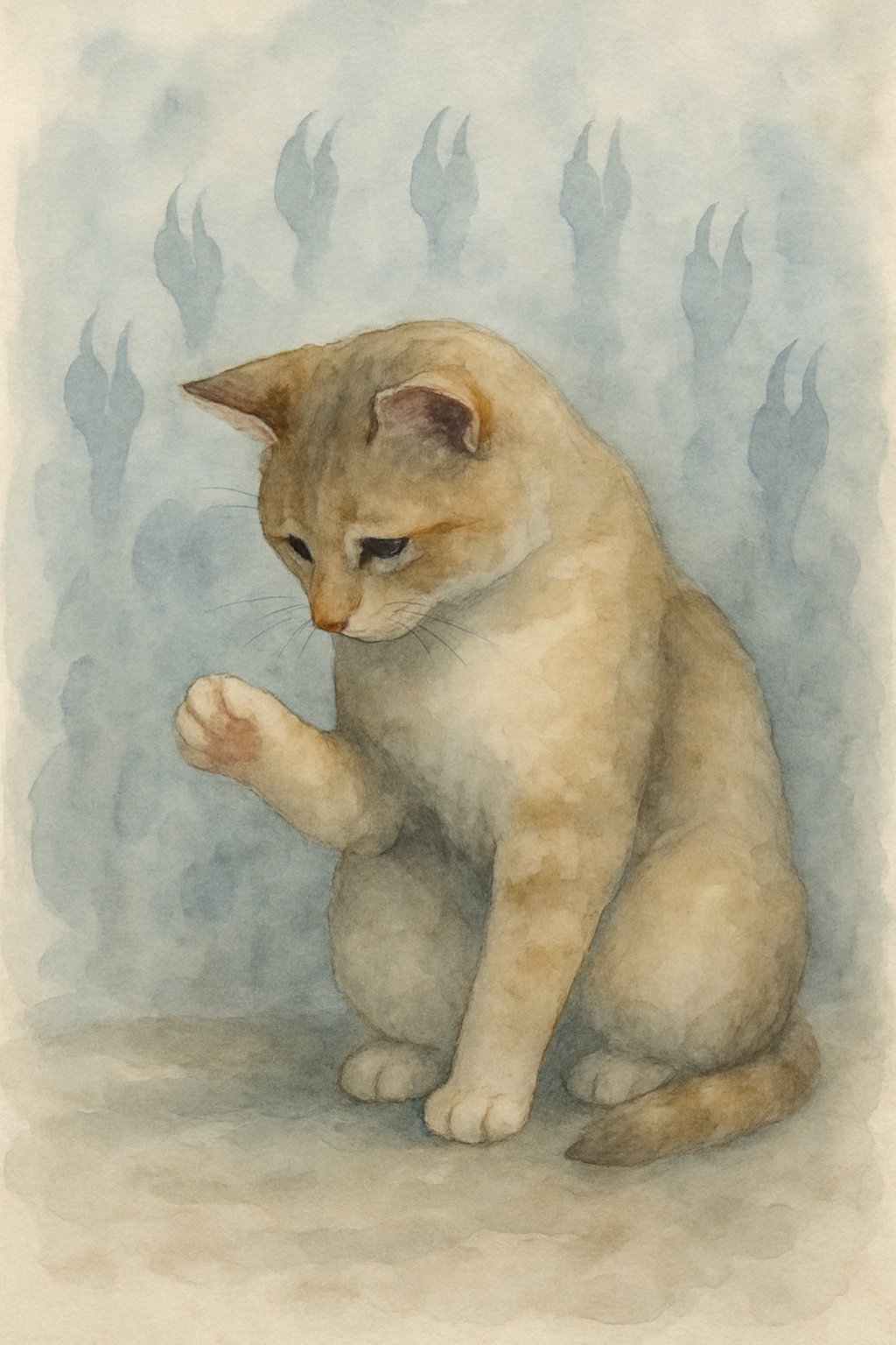 A cat sitting with one paw raised showing missing claws, surrounded by faint claw shapes fading away, conveying loss and vulnerability.