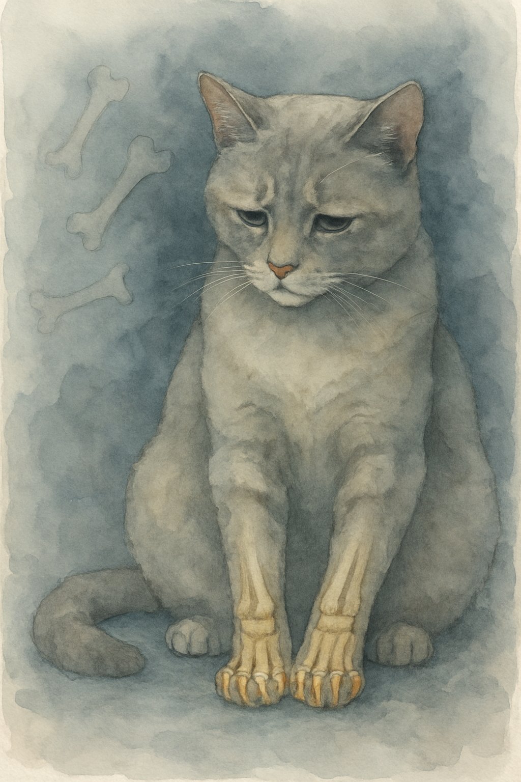 A cat sitting with a sad expression, its front paws showing the bones inside, surrounded by soft, muted colors and abstract shapes suggesting amputated bones.