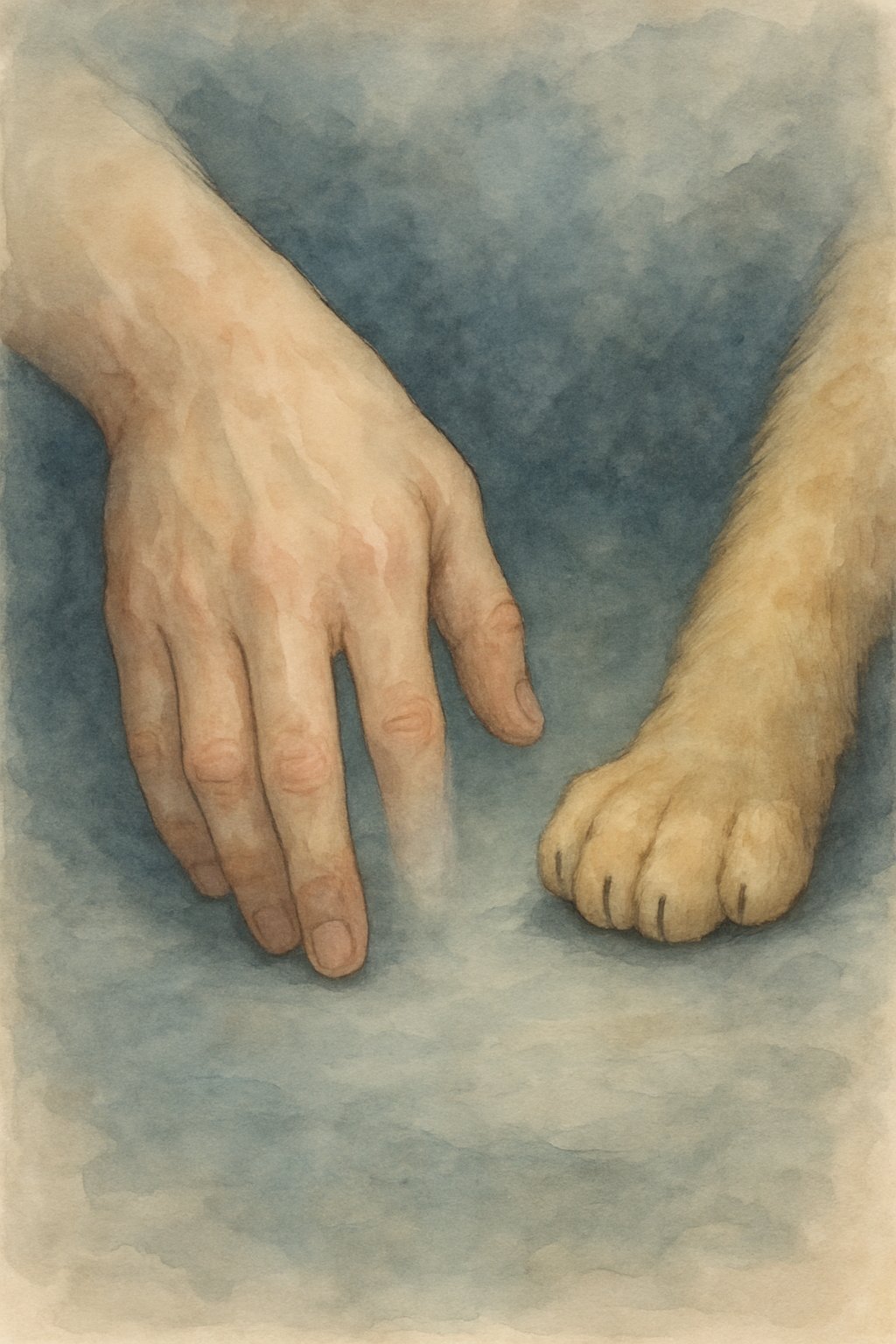 Close-up of a human hand with the tip of one finger missing next to a cat paw with claws removed, set against a soft, muted background.