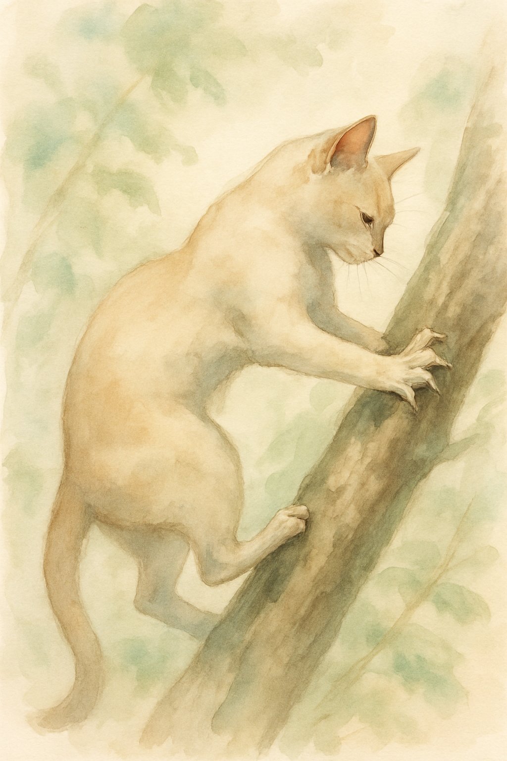 A cat gracefully balancing on a tree branch with its claws extended, surrounded by leaves and branches.