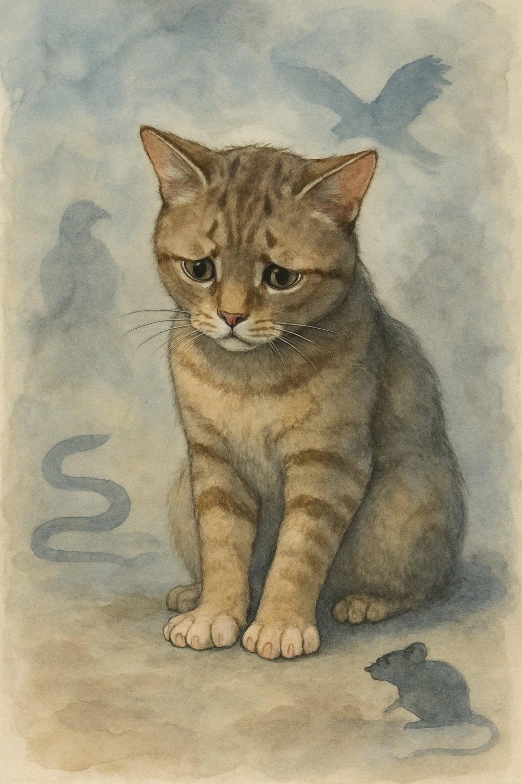 A vulnerable cat without claws sitting quietly, surrounded by subtle shadows of natural threats, conveying its defenselessness and sadness.