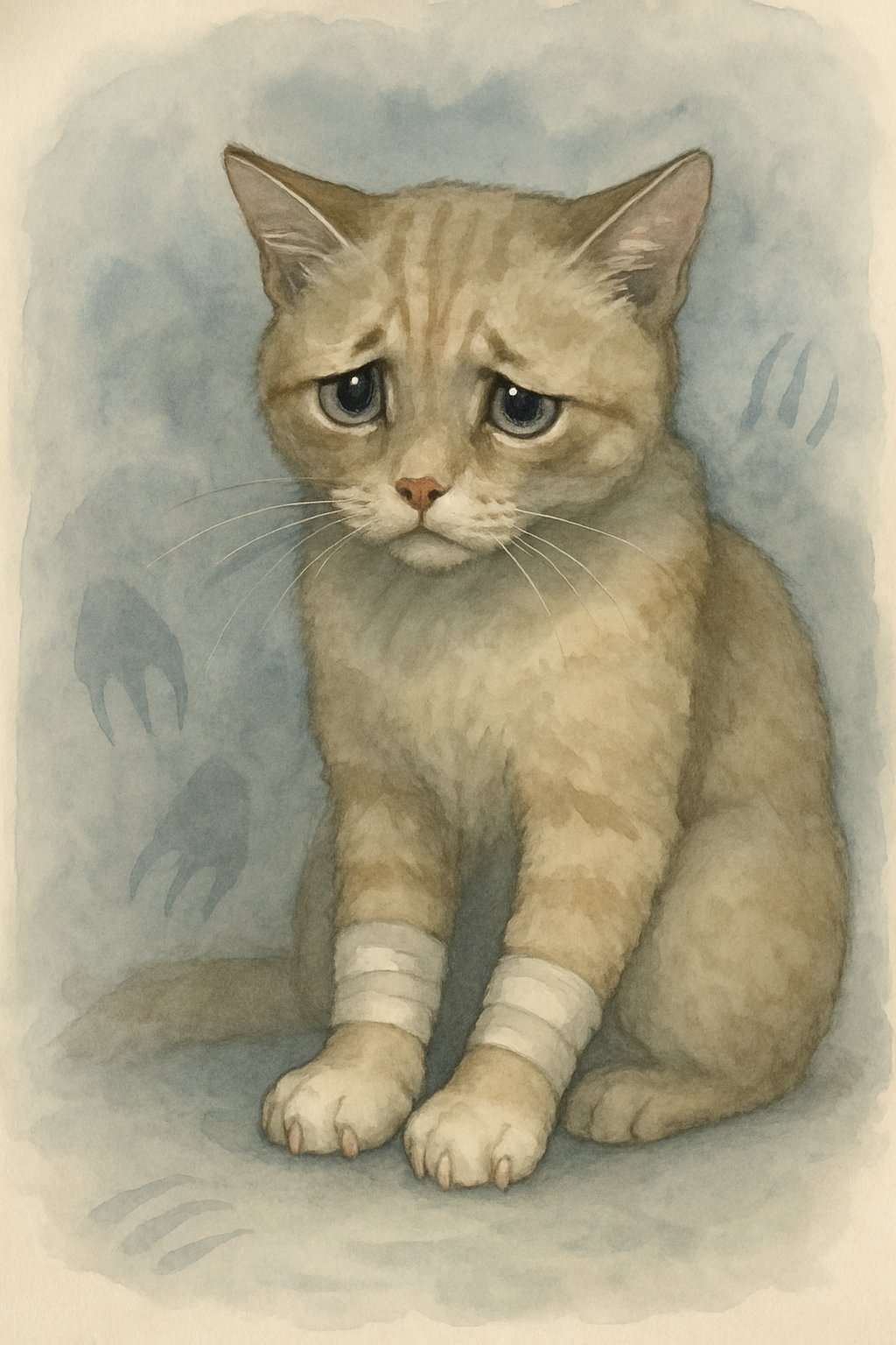 A sad cat sitting with bandaged paws, looking vulnerable and withdrawn, surrounded by faint shadows of claws.