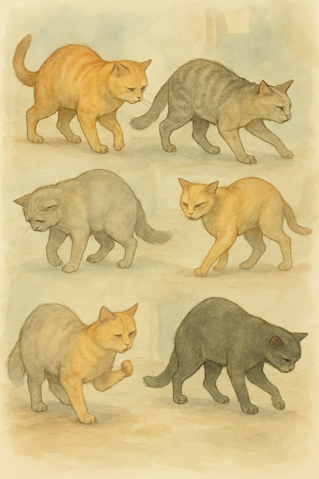 Several cats walking and resting with signs of discomfort in their paws and legs indoors.