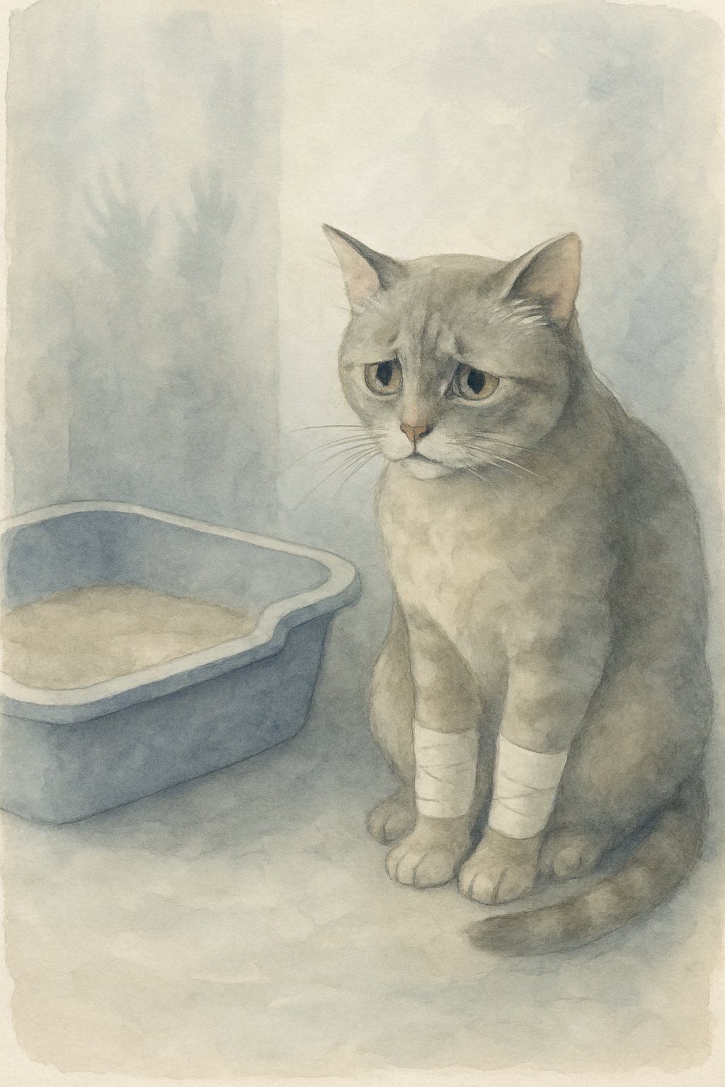 A cat with bandaged paws sitting hesitantly near a litter box, looking uncomfortable and sad.