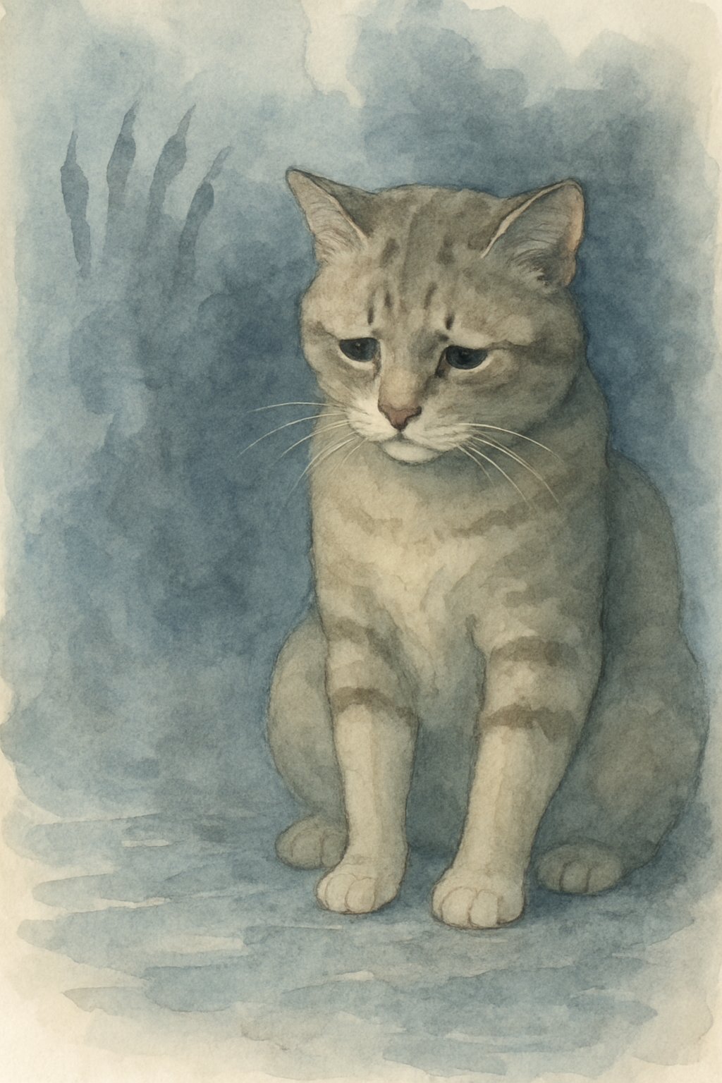 A somber cat sitting quietly with faint outlines where its claws are missing, surrounded by soft blue and gray tones that create a feeling of sadness and loss.
