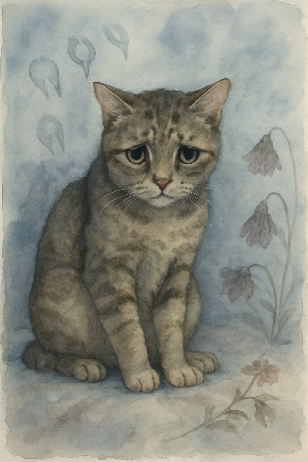 A domestic cat sitting quietly with its paws showing signs of declawing, surrounded by soft, muted colors and delicate flowers symbolizing pain and loss.