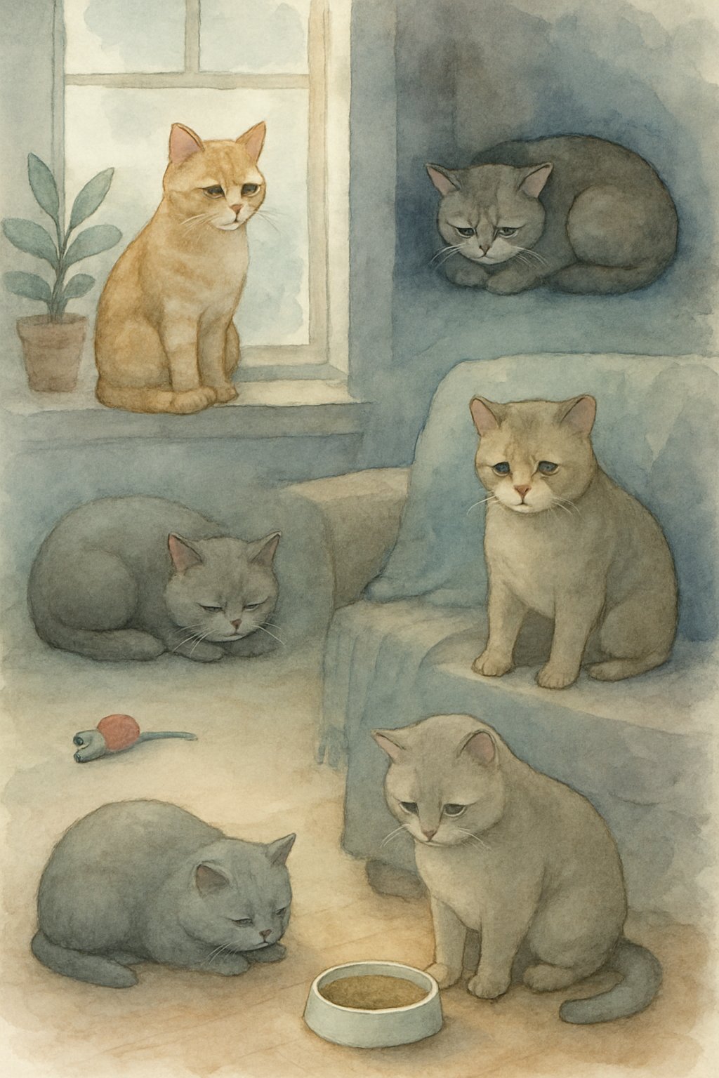 Five indoor cats in a home setting, each showing signs of sadness or depression through their body language and expressions.