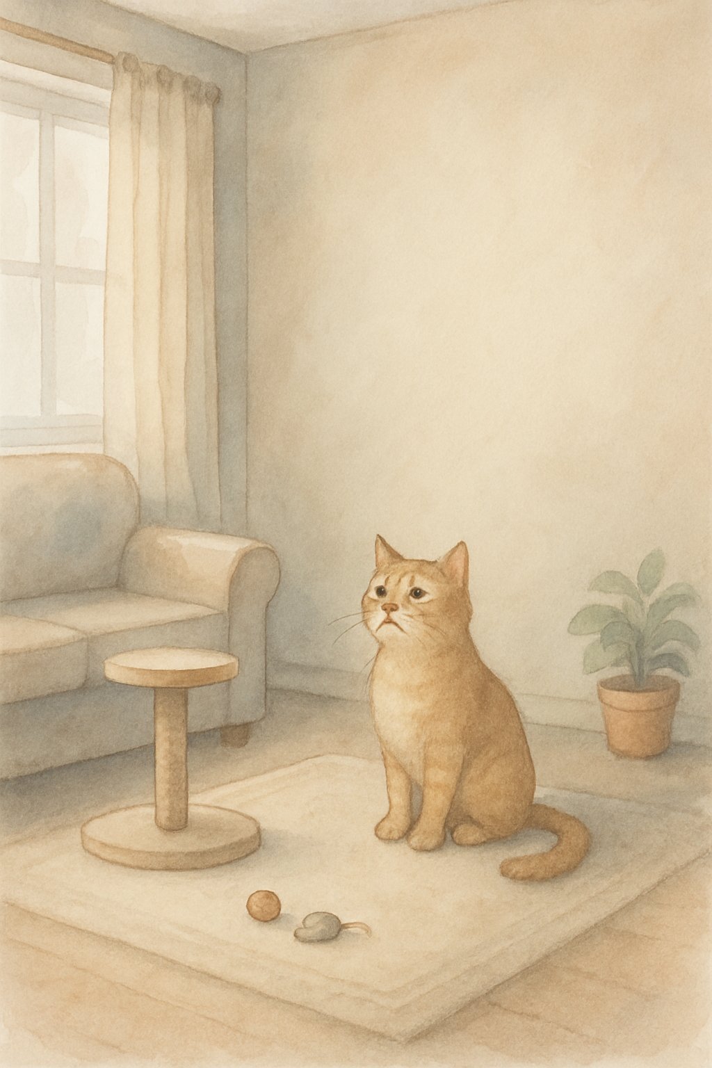 A sad indoor cat sitting on the floor looking up at an empty wall with no climbing spaces, surrounded by a low cat tree, scattered toys, and a closed window in a quiet living room.